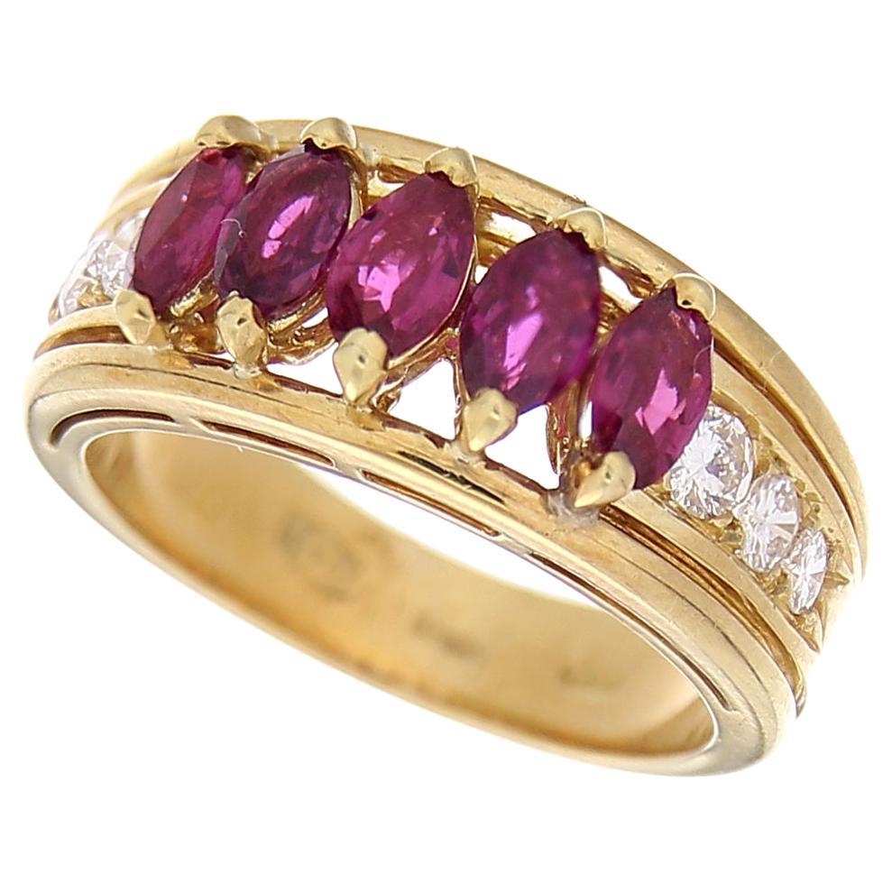 18kt Yellow Gold Vintage Ring 0.50 Navette Rubies & 0.45 Carat White Diamonds For Sale
