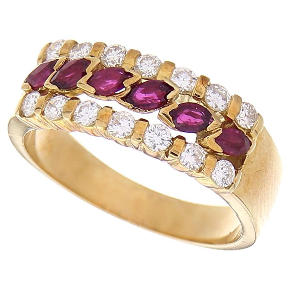 18 Karat Yellow Gold Vintage Ring 0.50 Navette Rubies and 0.45ct White Diamonds  For Sale