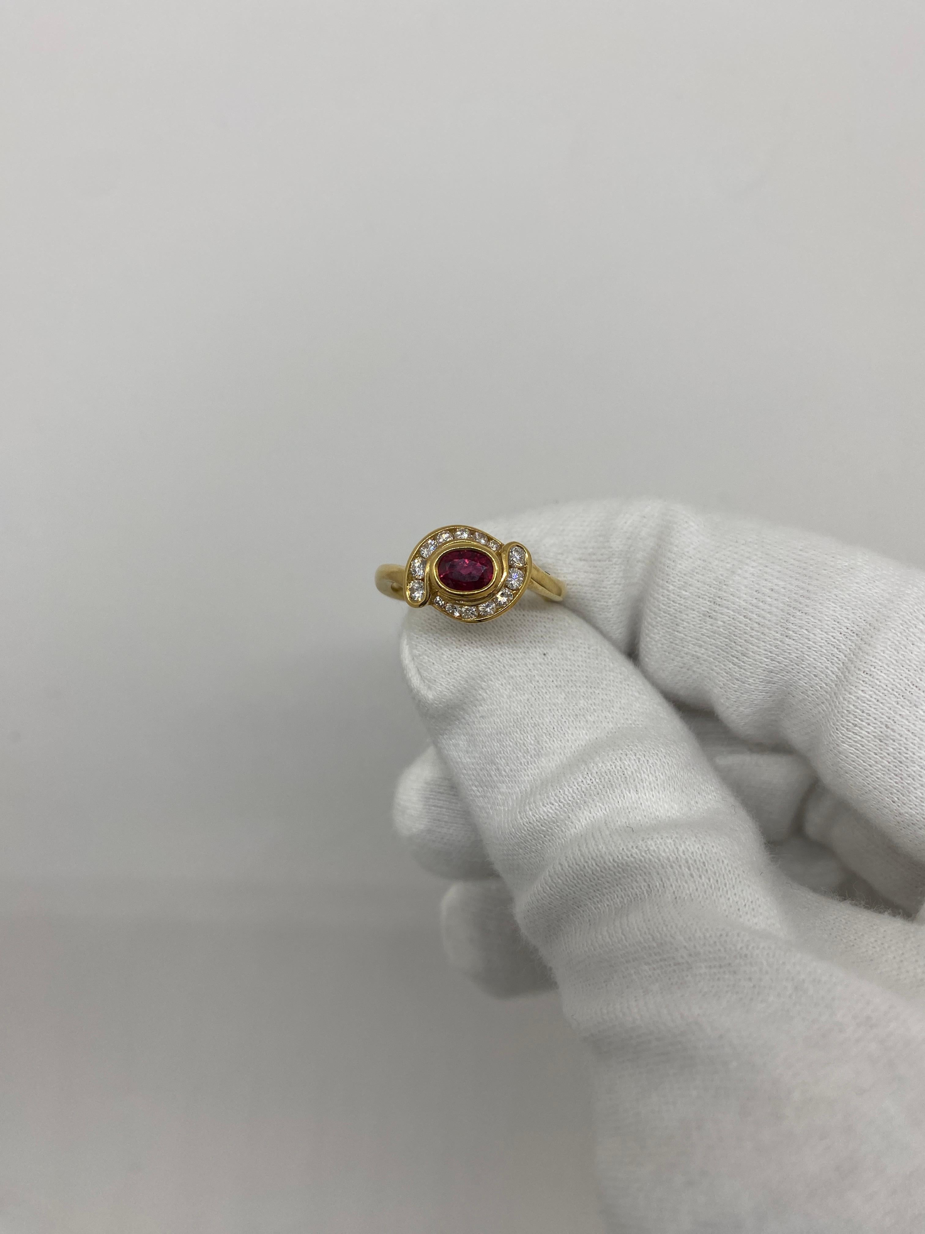 Ring made of 18kt yellow gold with oval-cut natural ruby for ct.0.73 and natural white brilliant-cut diamonds for ct.0.41

Welcome to our jewelry collection, where every piece tells a story of timeless elegance and unparalleled craftsmanship. As a