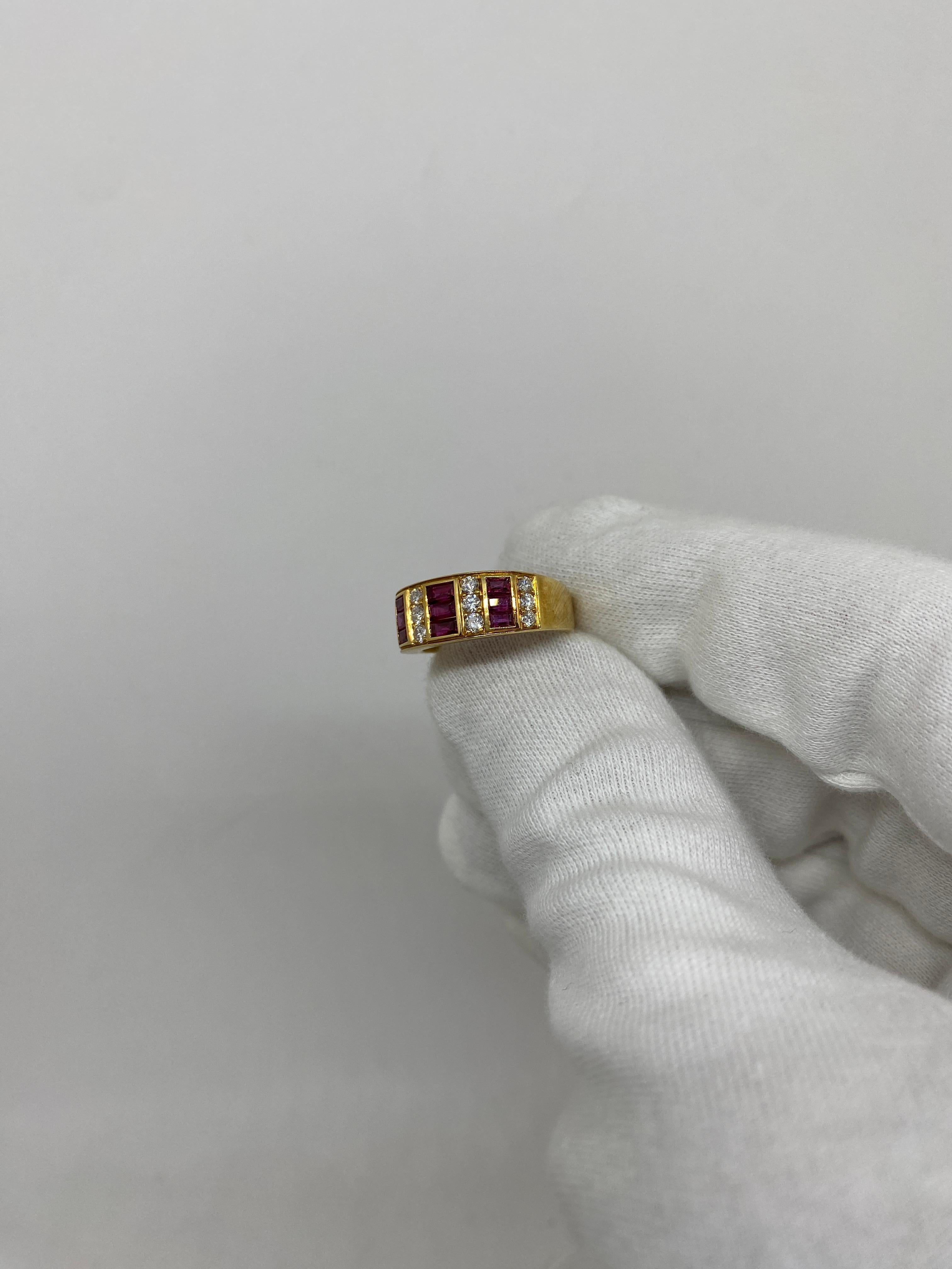 Ring made of 18kt yellow gold with natural brilliant-cut diamonds for ct .0.39 and baguette-cut rubies for ct.0.95

Welcome to our jewelry collection, where every piece tells a story of timeless elegance and unparalleled craftsmanship. As a