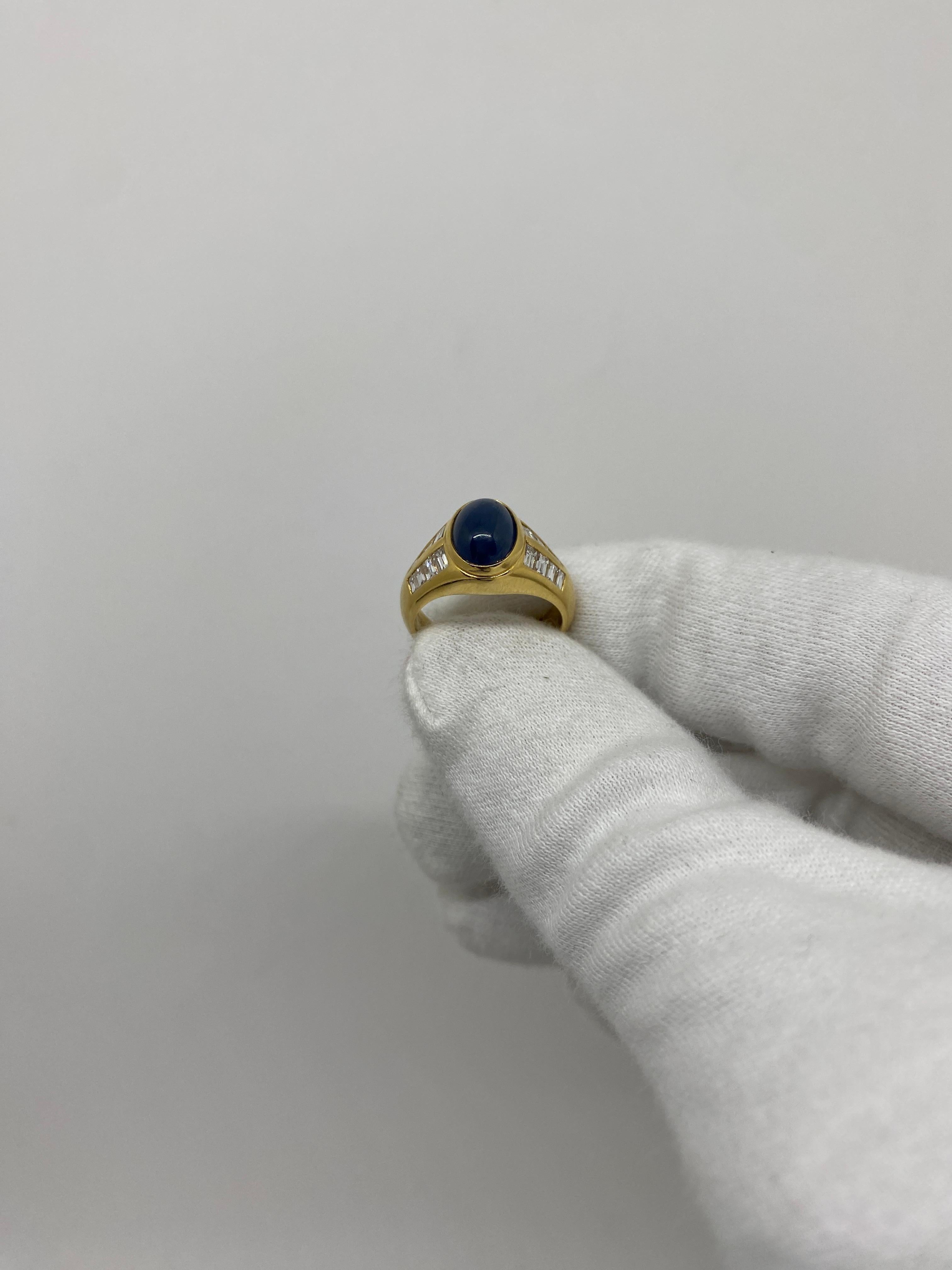 Band ring made of 18kt yellow gold with cabochon-cut oval sapphire for ct .2.80 and natural white baguette-cut diamonds for ct .0.97

Welcome to our jewelry collection, where every piece tells a story of timeless elegance and unparalleled