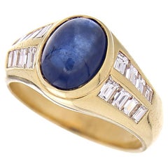 18 Karat Gelbgold Vintage Ring mit 2,80 Karat blauem Cabochon-Saphir und 0,97 Karat Diamanten