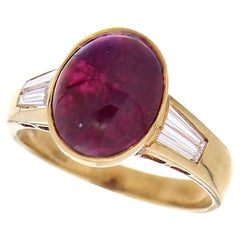 18kt Yellow Gold Vintage Ring 4.62ct Oval Cut Ruby & 0.42 Baguette Cut Diamonds