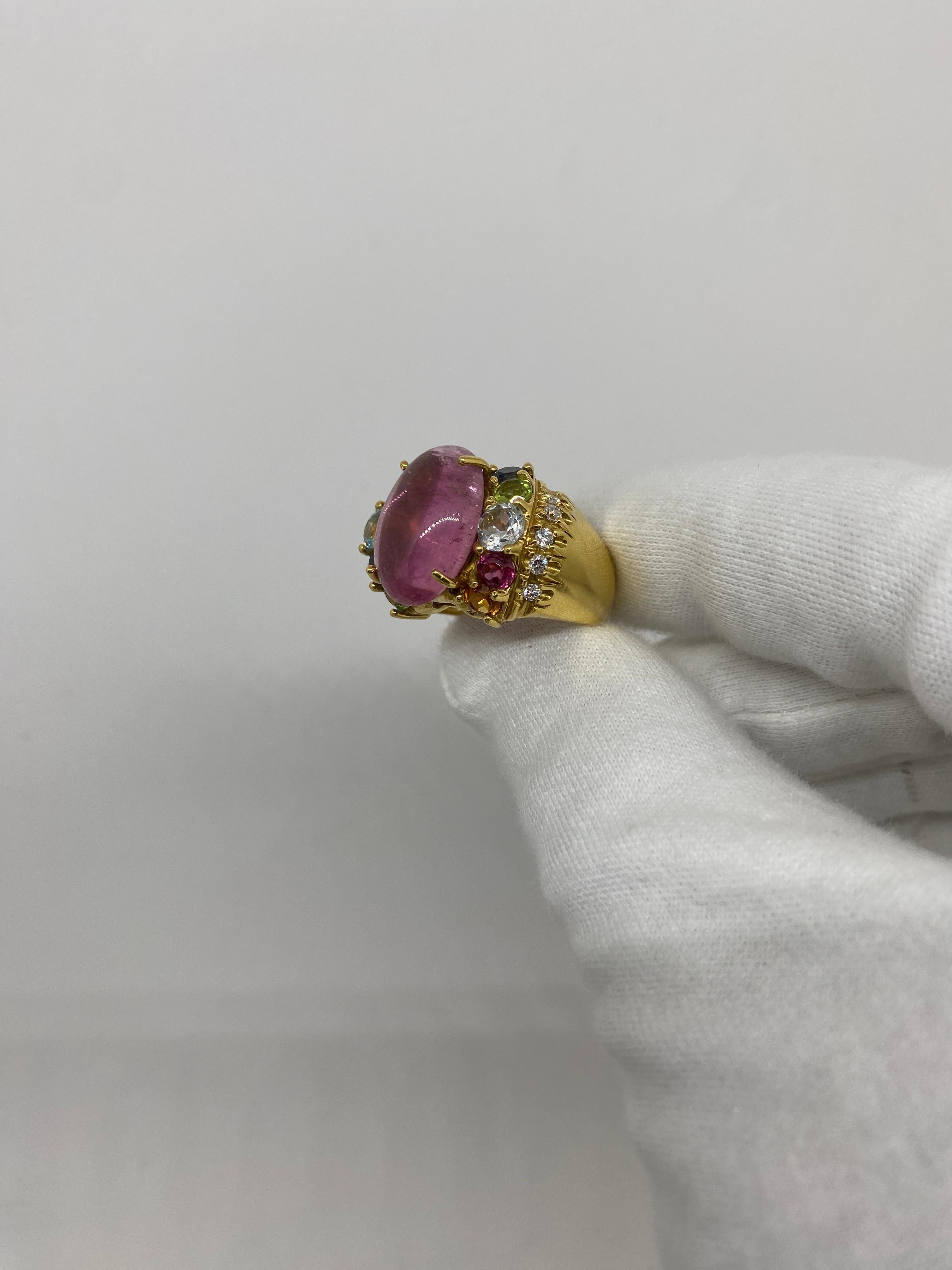 18 Karat Yellow Gold Vintage Ring Cabochon, Cut Pink Tourmaline & Color Stones For Sale 1