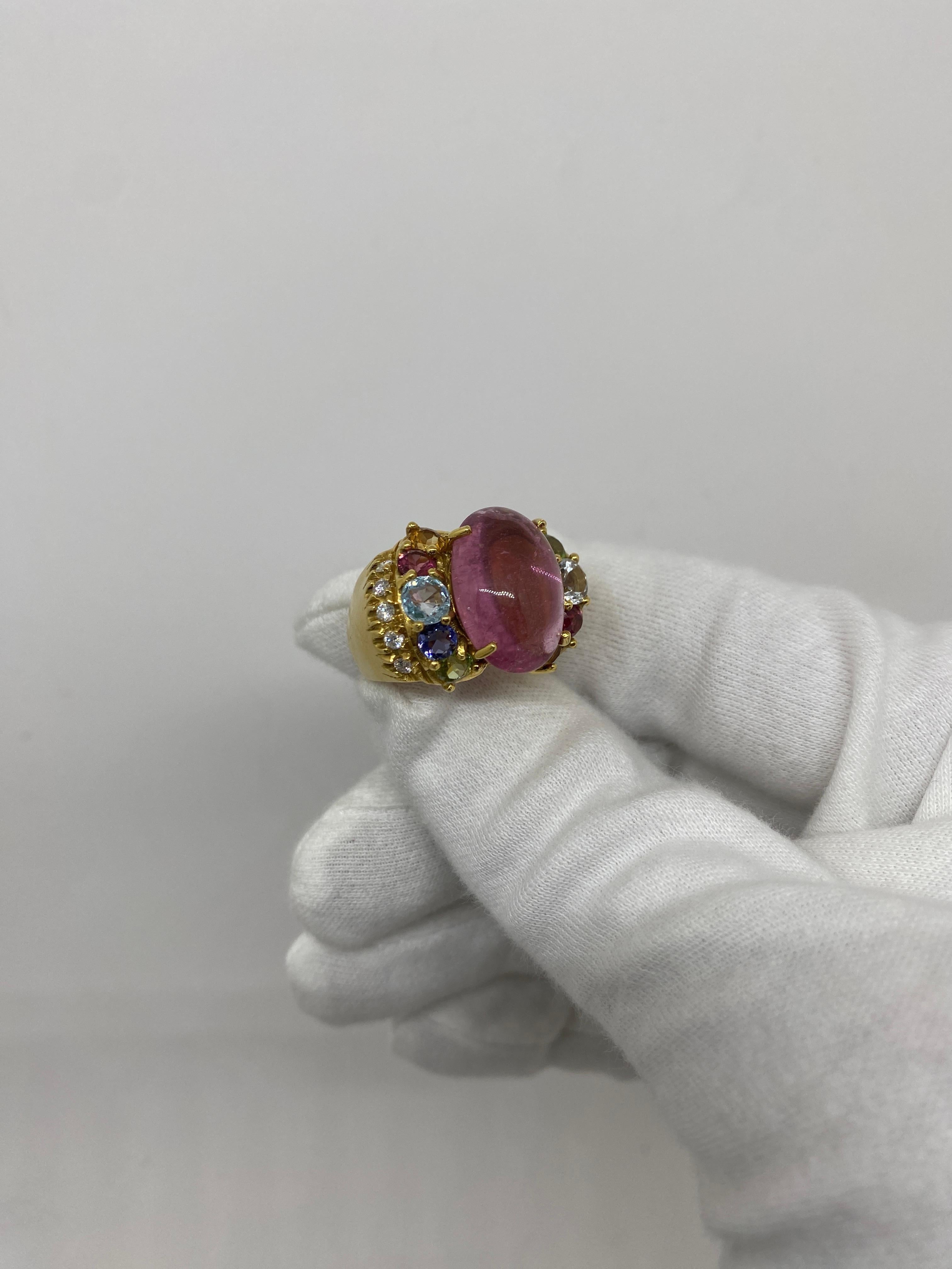 18 Karat Yellow Gold Vintage Ring Cabochon, Cut Pink Tourmaline & Color Stones For Sale 2