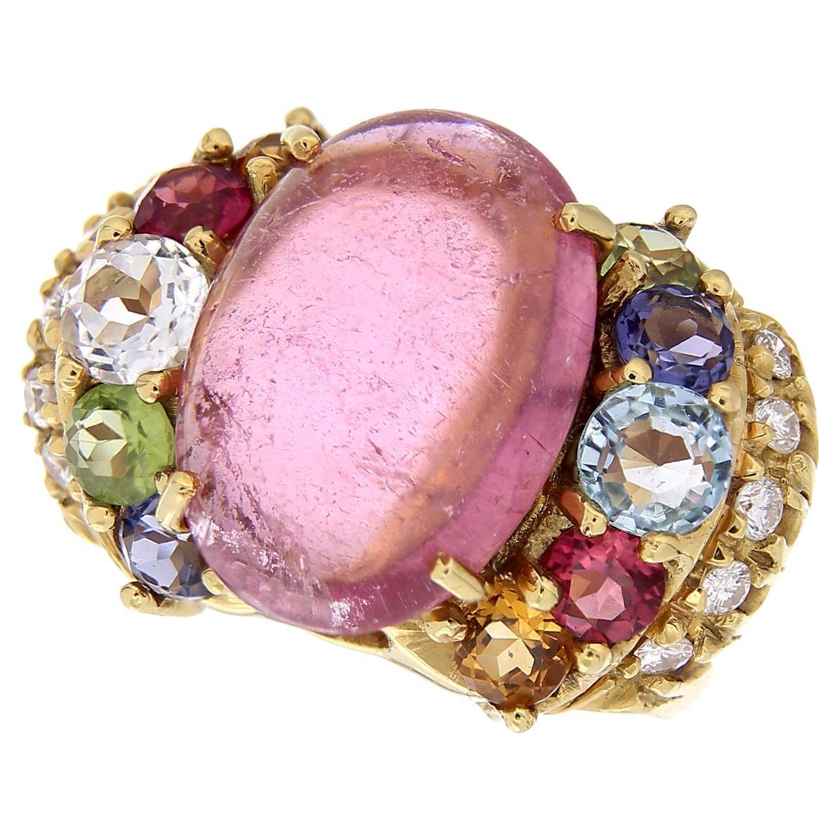 18 Karat Yellow Gold Vintage Ring Cabochon, Cut Pink Tourmaline & Color Stones For Sale