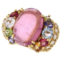 18 Karat Gelbgold Vintage-Ring mit Cabochon, rosa Turmalin im Schliff und Farbsteinen