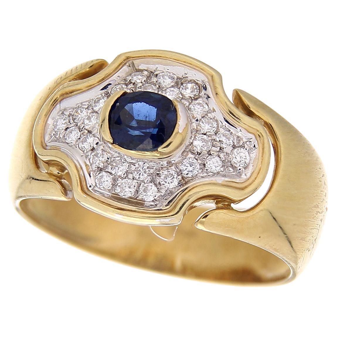 Bague vintage en or jaune 18 carats avec diamants et saphirs bleus ovales