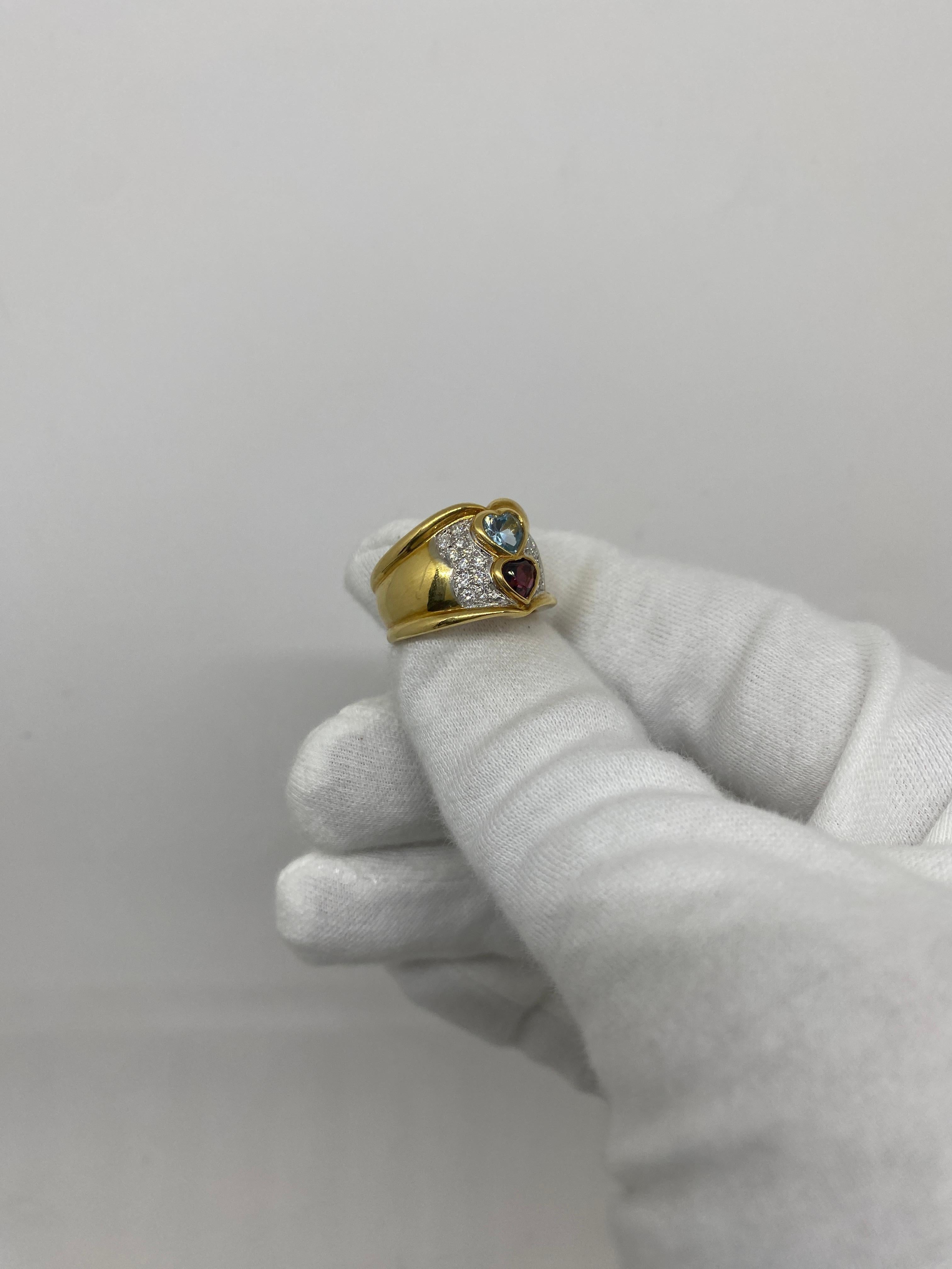 18 Karat Yellow Gold Vintage Ring Heart-Cut Tourmalines & White Diamonds  For Sale 1