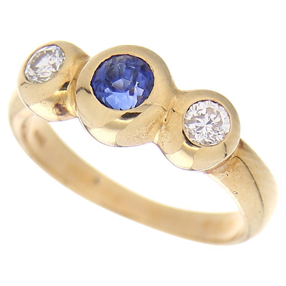 18 Karat Yellow Gold Vintage Ring White Diamonds & Blue Sapphire For Sale