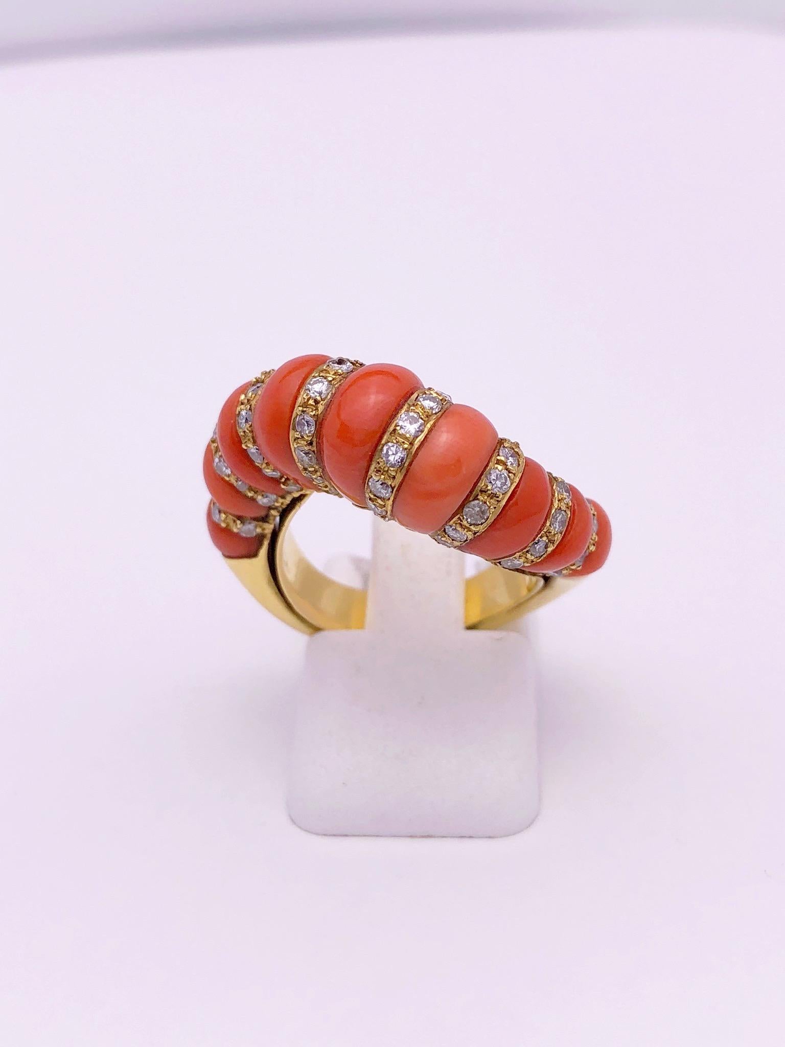 Round Cut 18 Karat Yellow Gold Vintage Ring with Coral and Diamonds