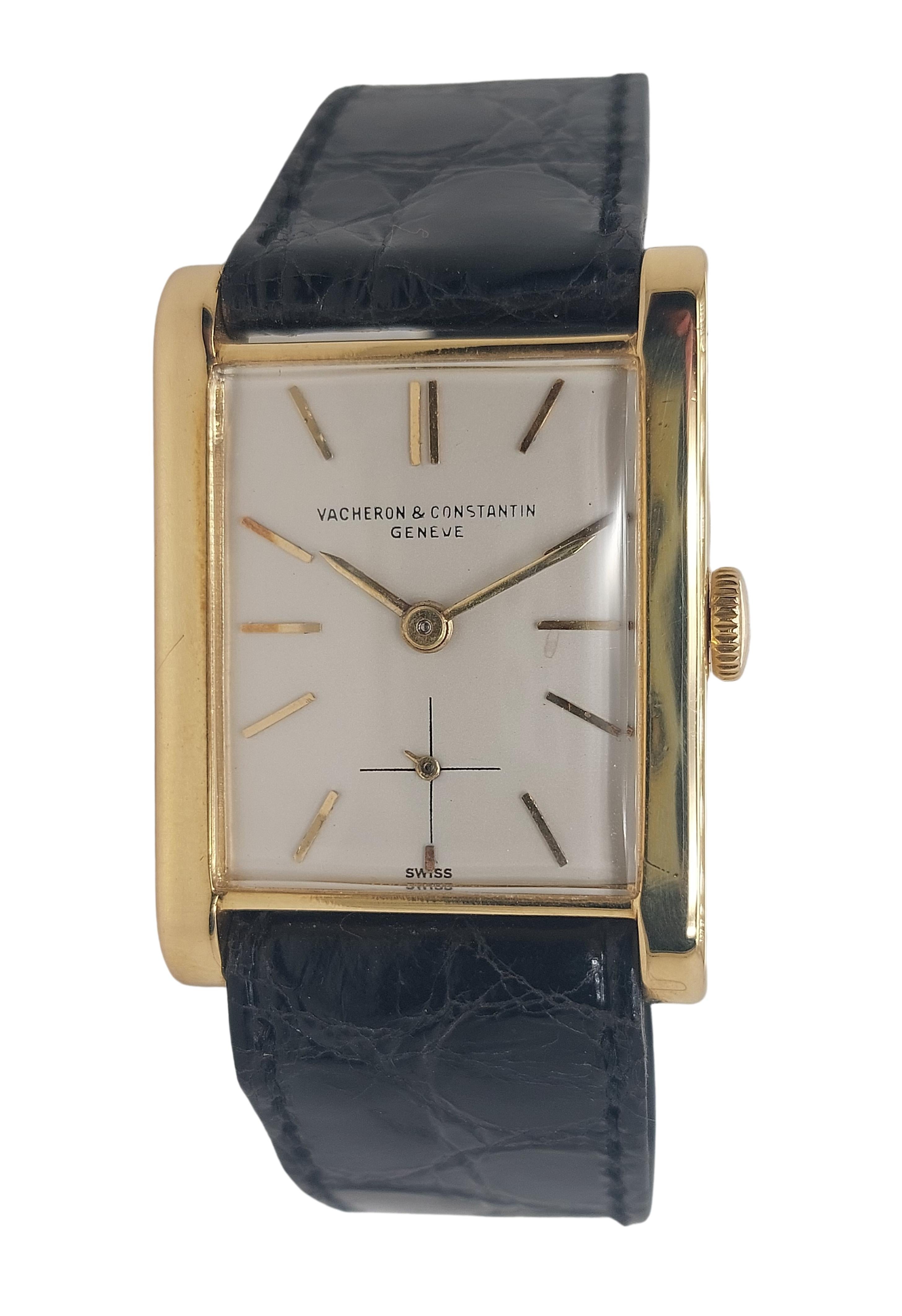 18kt Yellow Gold Vintage Square Vacheron Constantin, Mechanical Hand Winding in Excellent Condition!

Movement: mechanical with hand winding, Caliber 458 /3B

Functions: hours, minutes, subsidiary seconds

Case: 18kt yellow gold, diameter 23.50 mm x