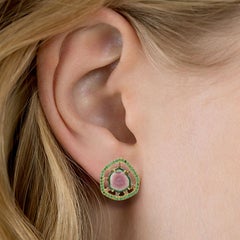 18KT Yellow Gold Watermelon Tourmaline Slice & Tsavorite Stud Earrings