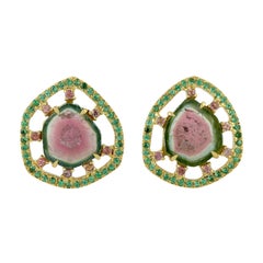 18KT Yellow Gold Watermelon Tourmaline Slice & Tsavorite Stud Earrings