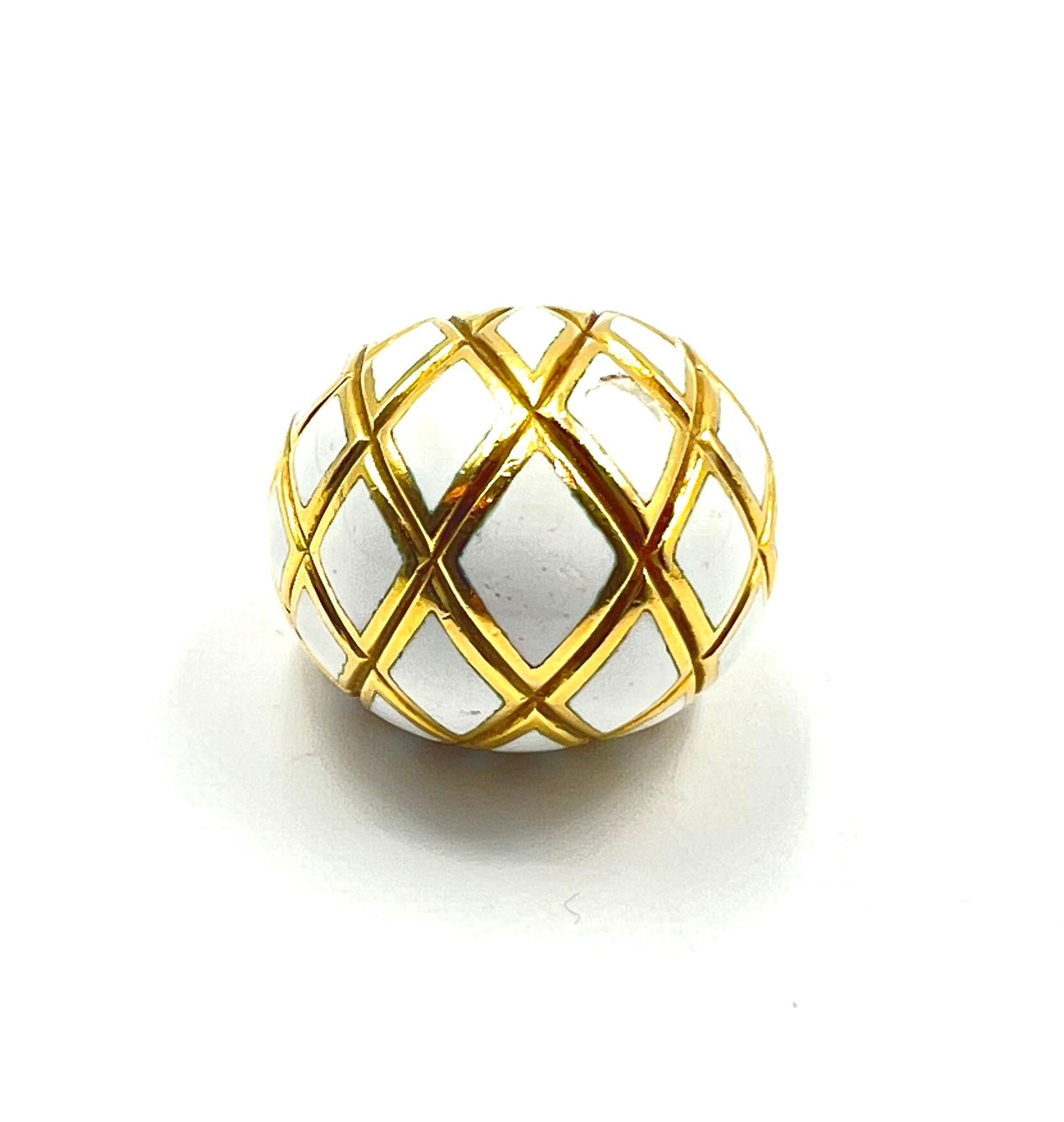 Modern 18kt Yellow Gold White Enamel Dome Ring