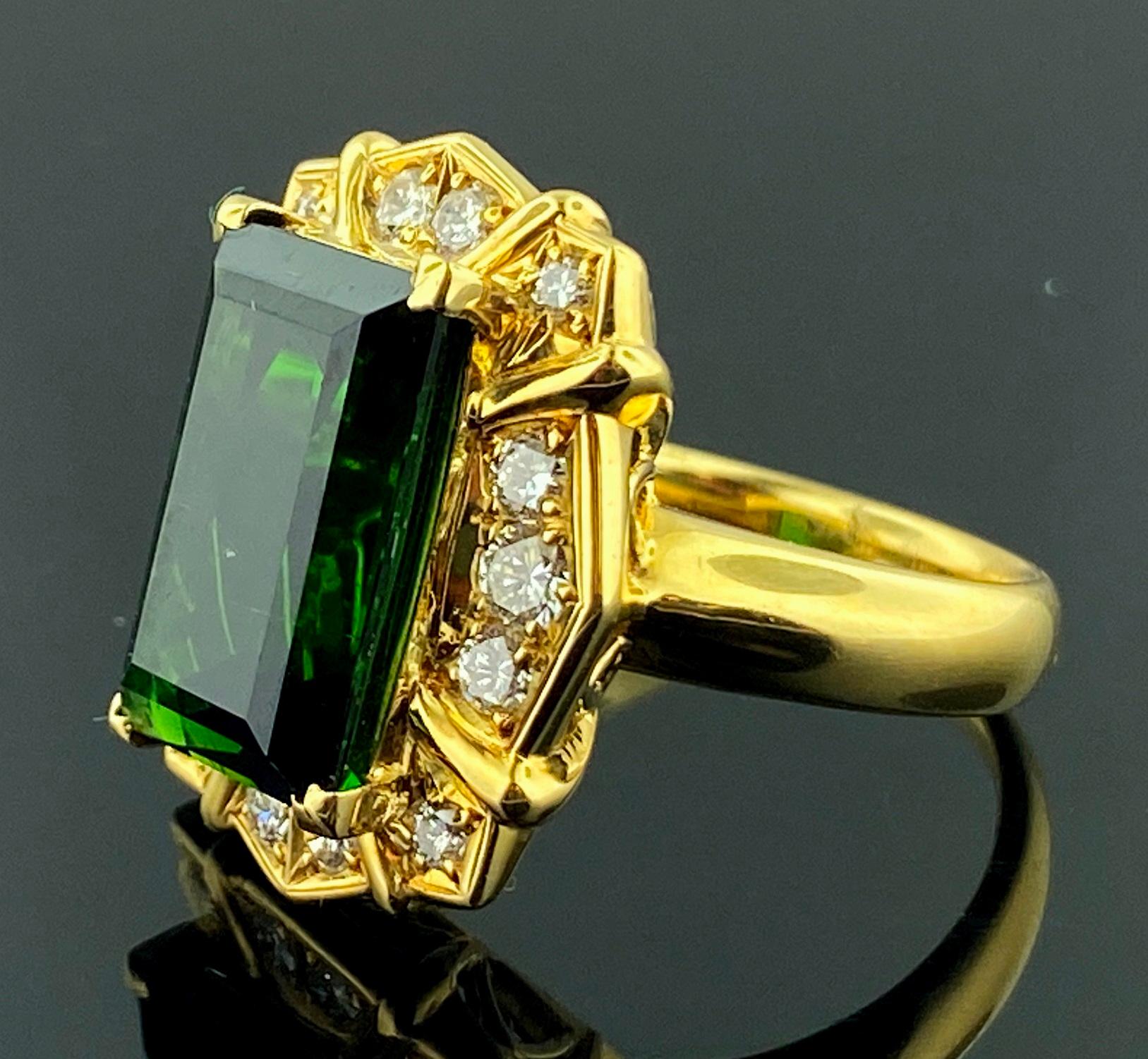 Emerald Cut 18 Karat Yellow Gold with a 7.50 Carat Green Tourmaline Center and Diamond Ring