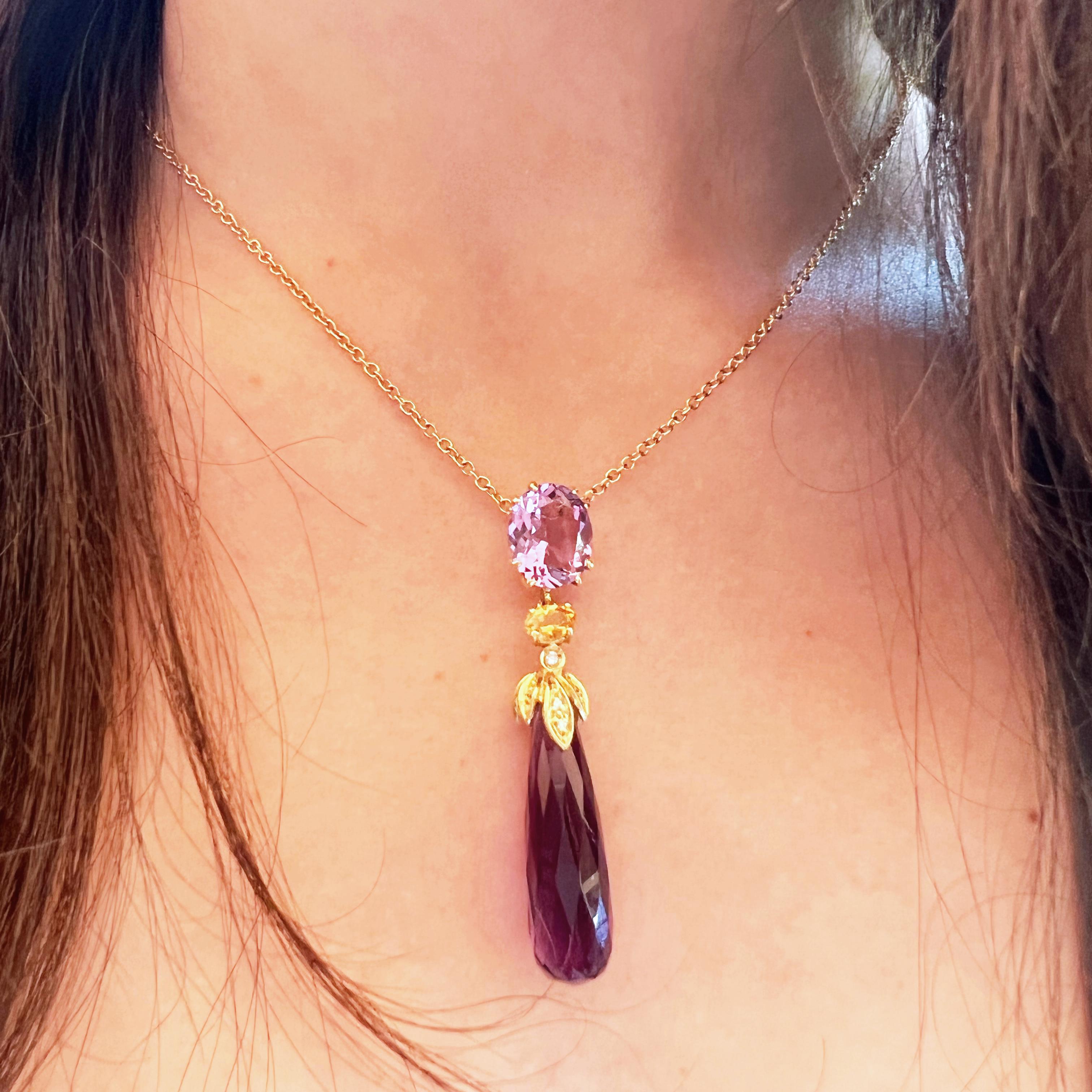 Modern 18Kt Yellow Gold with Amethyst Citrine and White Diamonds Pendant For Sale