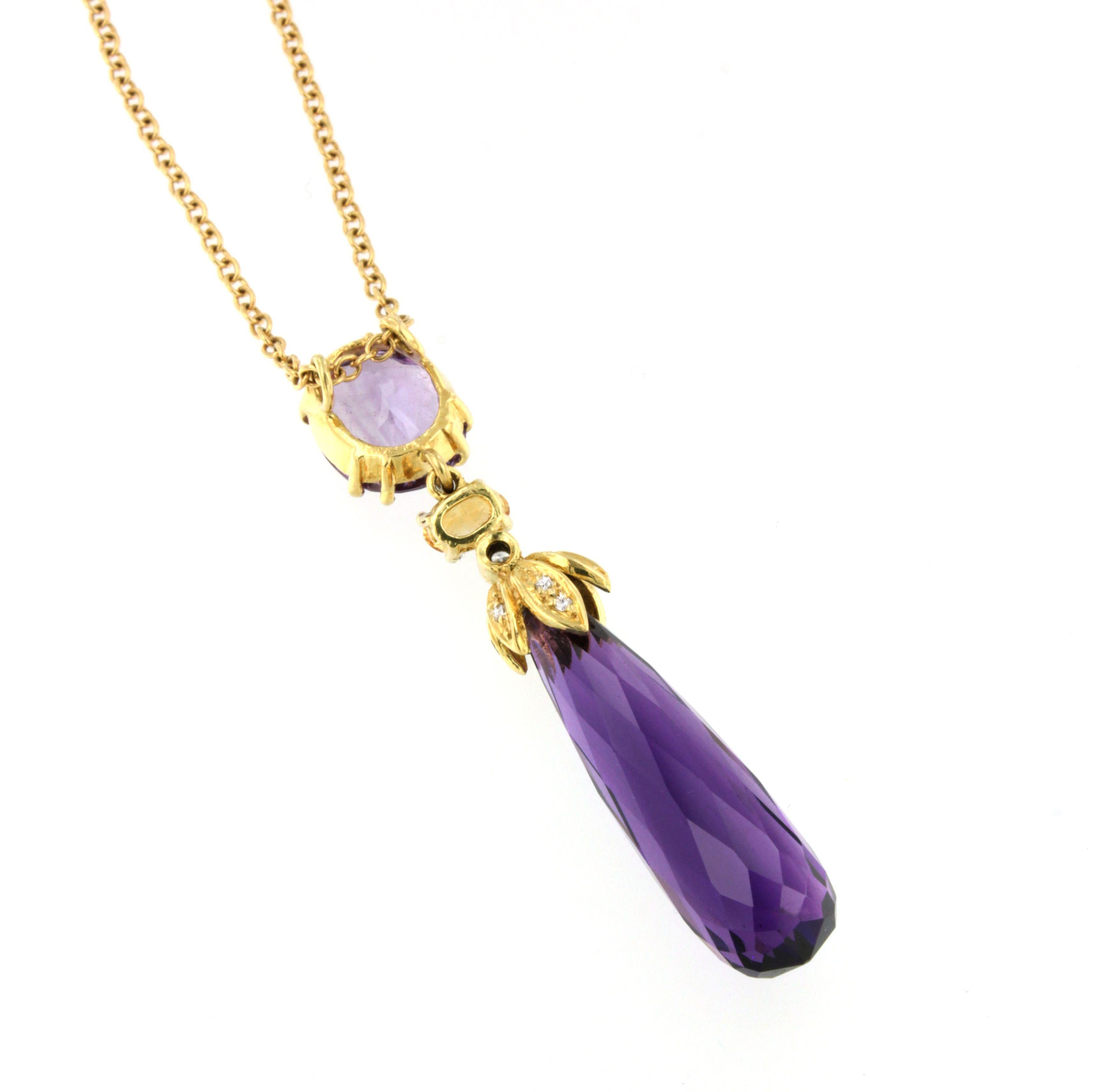 Oval Cut 18Kt Yellow Gold with Amethyst Citrine and White Diamonds Pendant For Sale