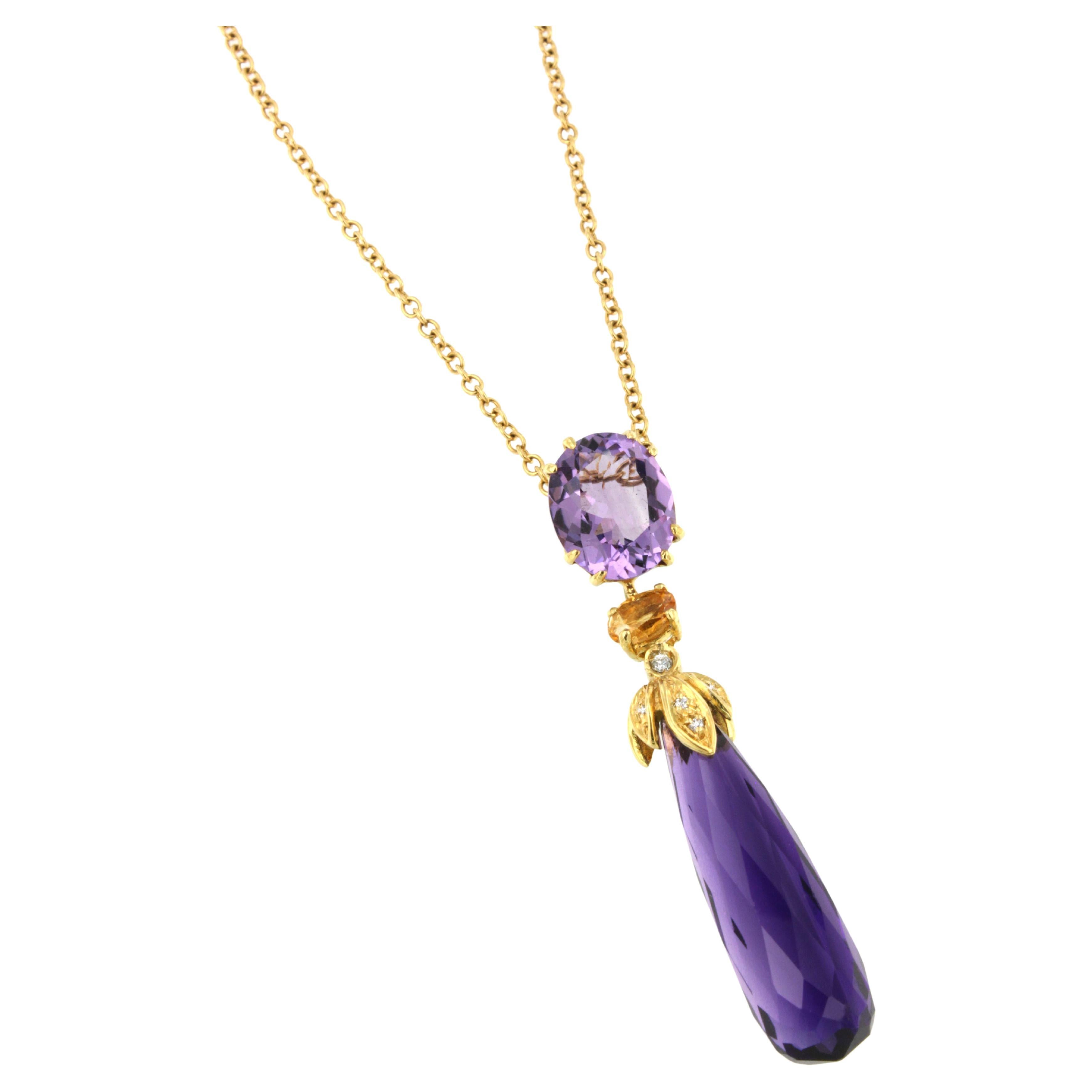 18Kt Yellow Gold with Amethyst Citrine and White Diamonds Pendant For Sale