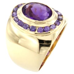 Anillo de Oro Amarillo de 18 Kt con Amatista Cóctel Moderno Clásico Moda Trendy