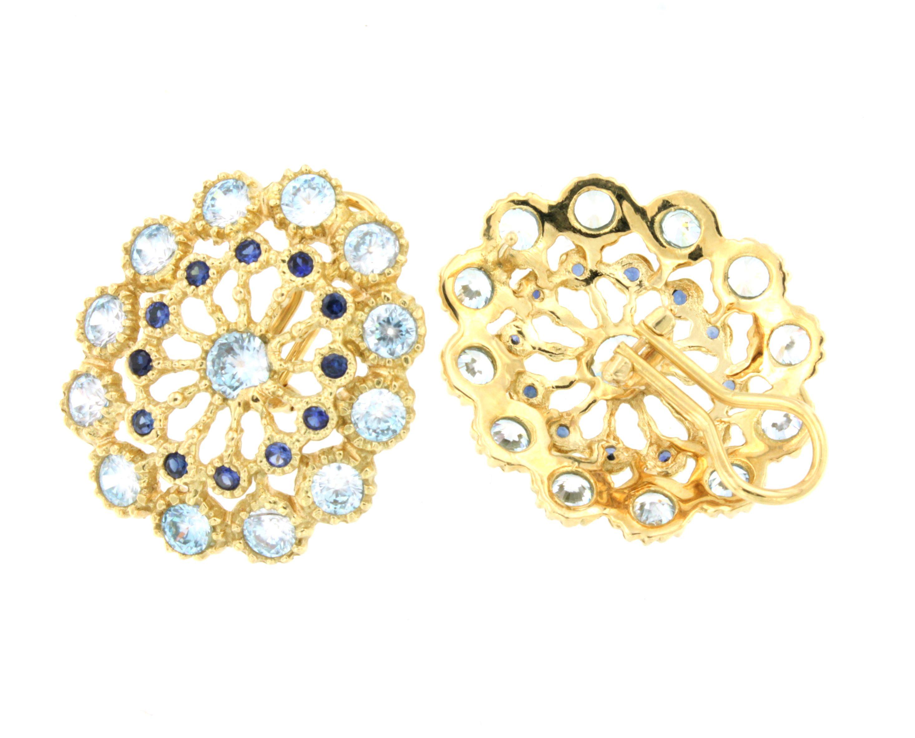 18Kt Yellow Gold with Blue Topaz and Blue Sapphires Fashion Clips Earrings In New Condition For Sale In GALLARATE, IT