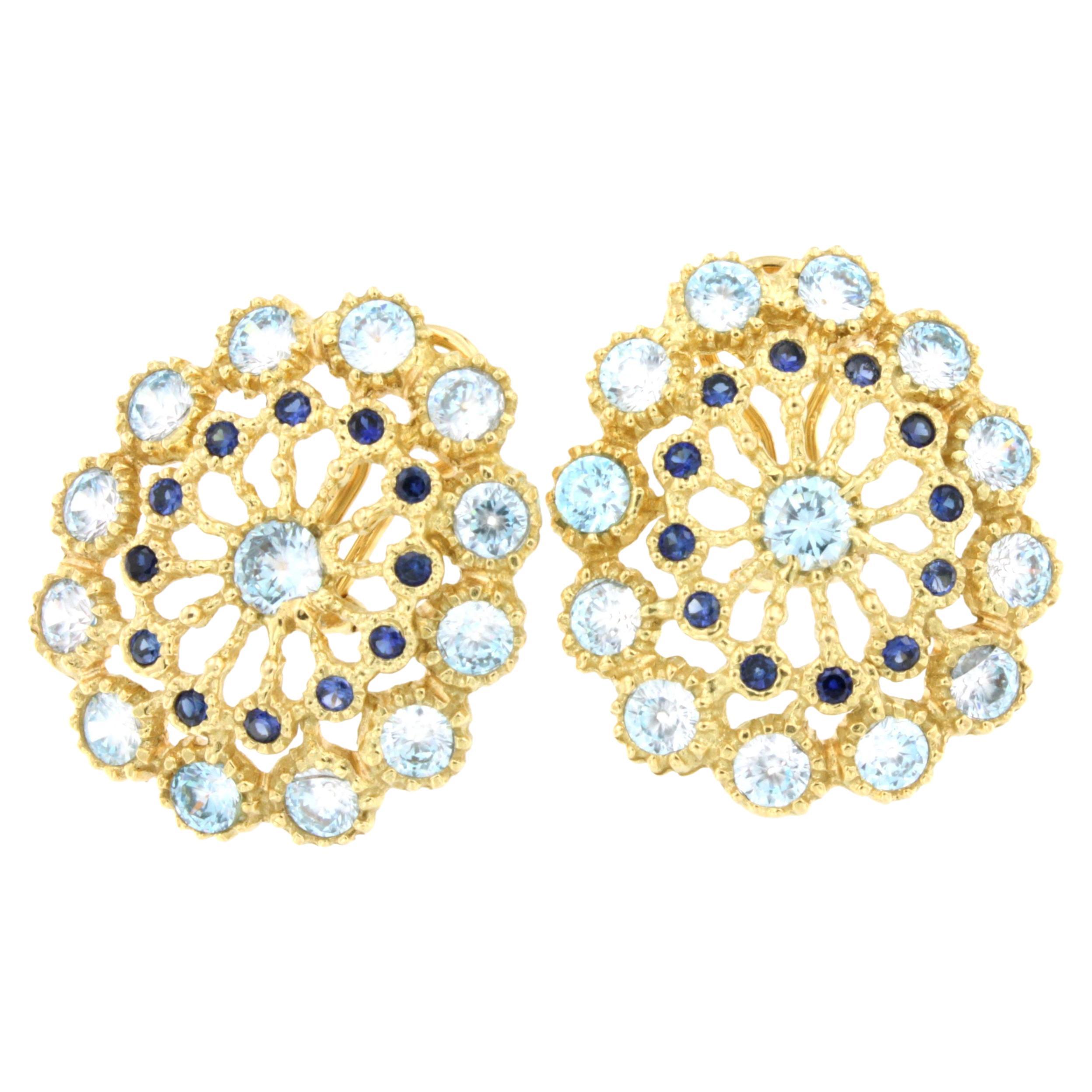 18Kt Yellow Gold with Blue Topaz and Blue Sapphires Fashion Clips Earrings