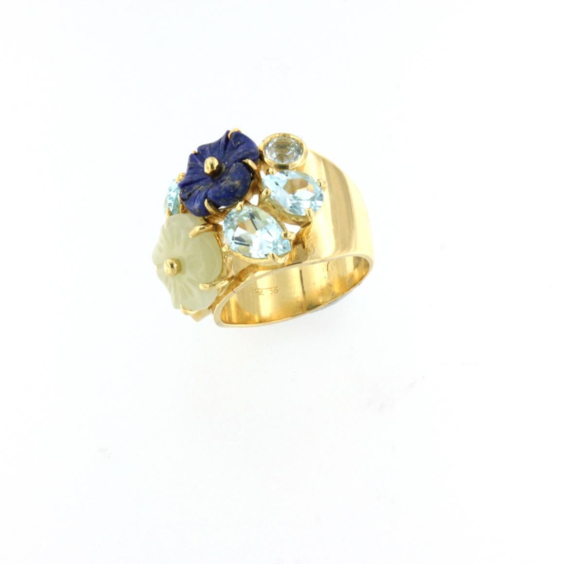 Modern 18kt Yellow Gold with Blue Topaz Lapis and Giada Ring For Sale