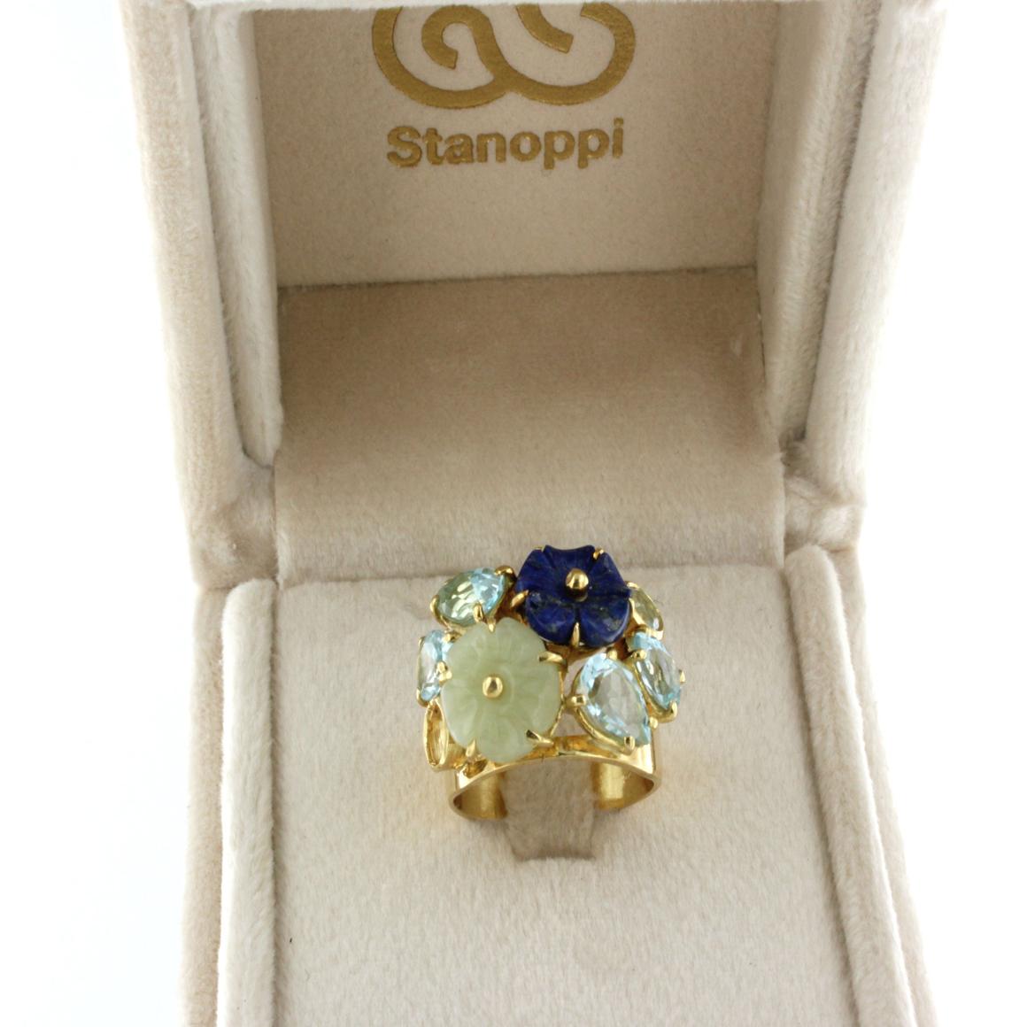 Mixed Cut 18kt Yellow Gold with Blue Topaz Lapis and Giada Ring For Sale