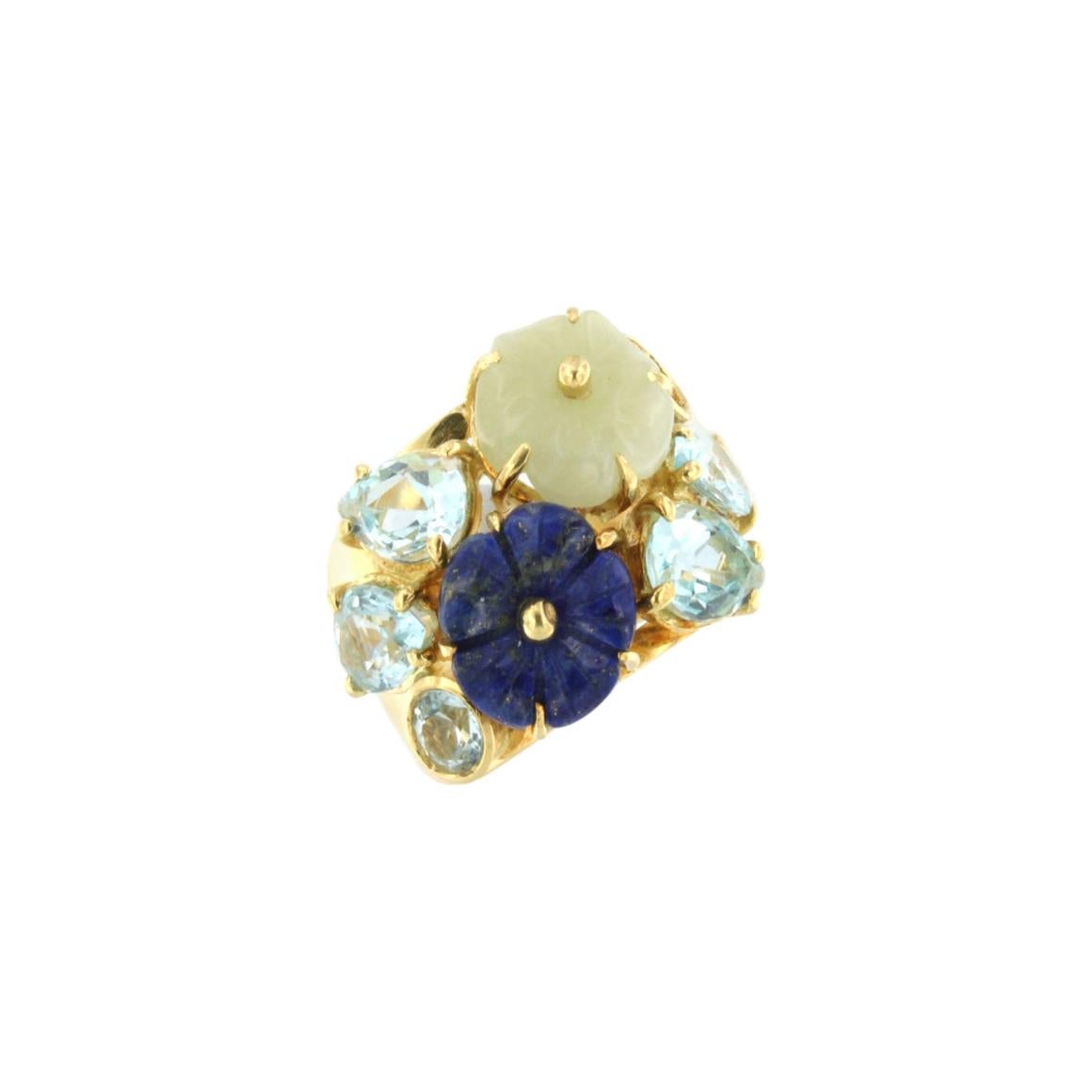 Ring aus 18-karätigem Gelbgold mit blauem Topas, Lapis und Giada