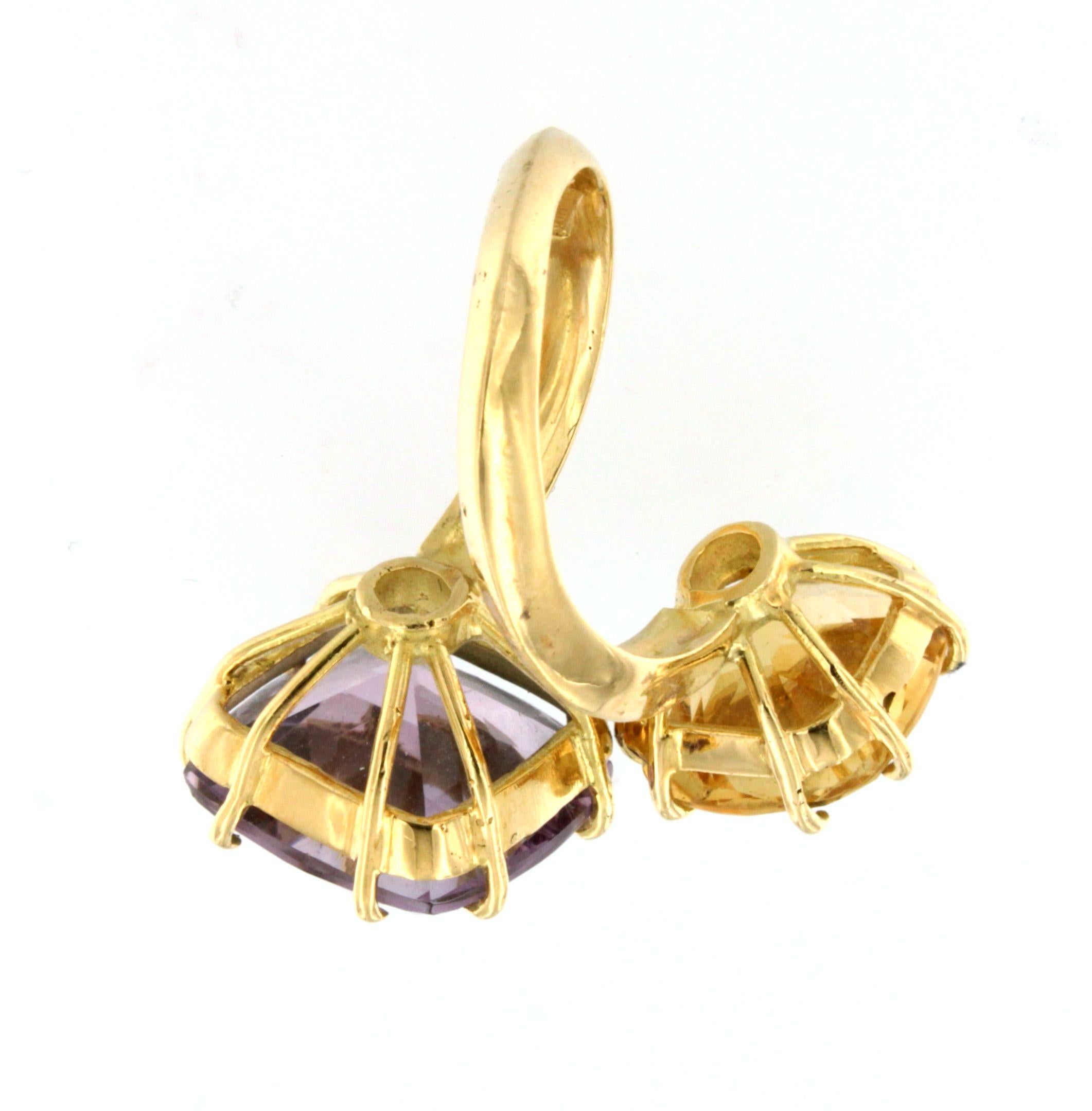 Modern 18Kt Yellow Gold with Citrine and Amethyst Ring For Sale