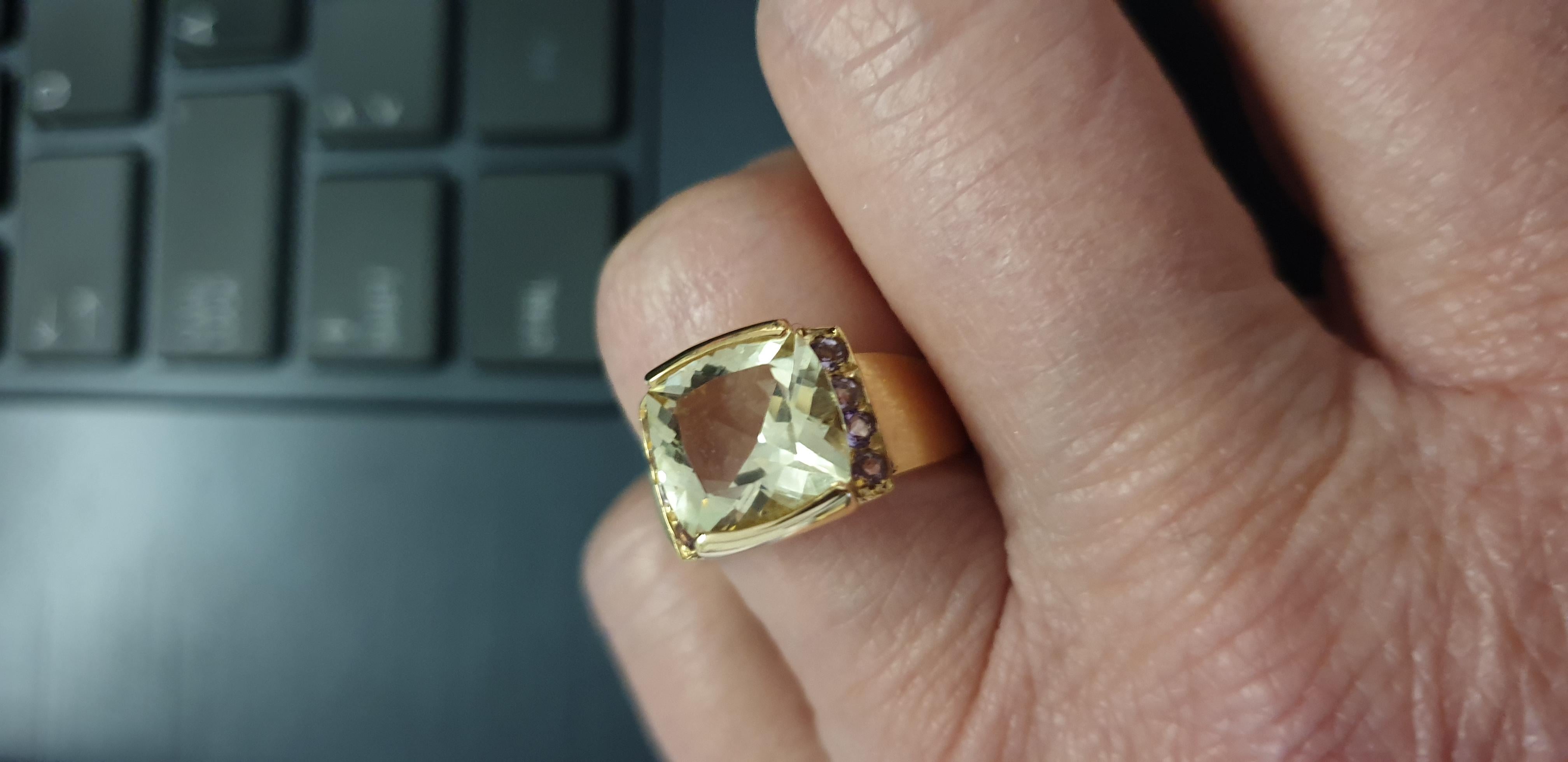 Cushion Cut 18Kt Yellow Gold with Lemon Quartz and Amethyst For Sale