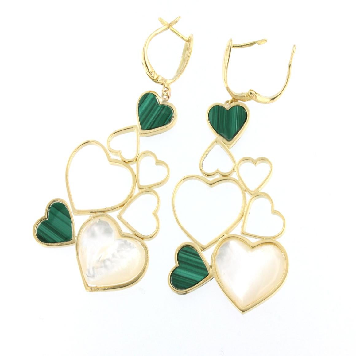Heart Cut 18Kt Yellow Gold with Mother of Pearl and Malachite Modern Earrings For Sale