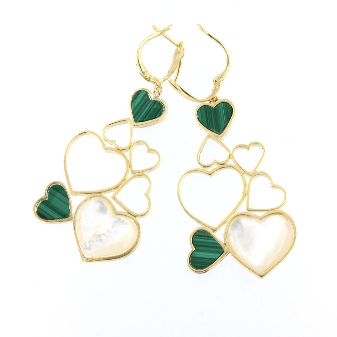 Women's or Men's 18Kt Yellow Gold with Mother of Pearl and Malachite Modern Earrings For Sale