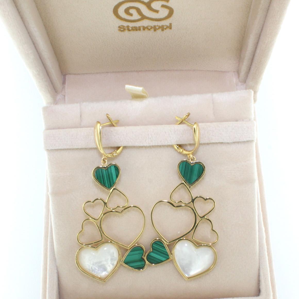 18Kt Yellow Gold with Mother of Pearl and Malachite Modern Earrings For Sale 1