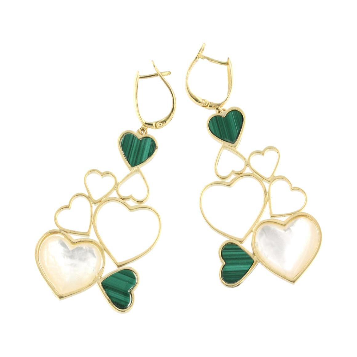 18Kt Yellow Gold with Mother of Pearl and Malachite Modern Earrings For Sale