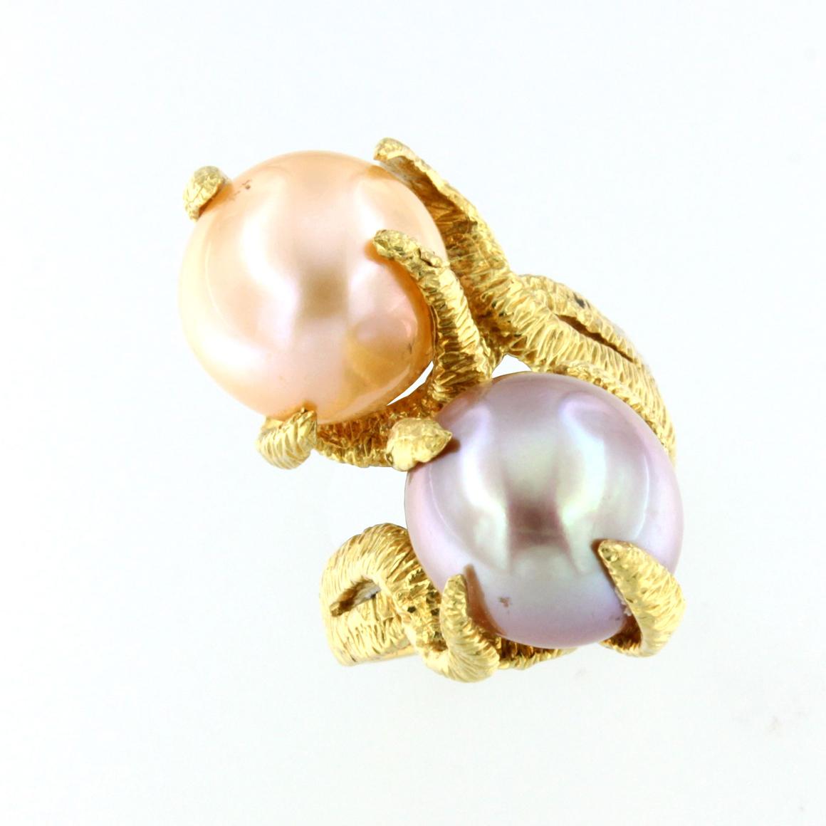 Ring aus 18 Karat Gelbgold mit rosa Perlen (Arts and Crafts) im Angebot