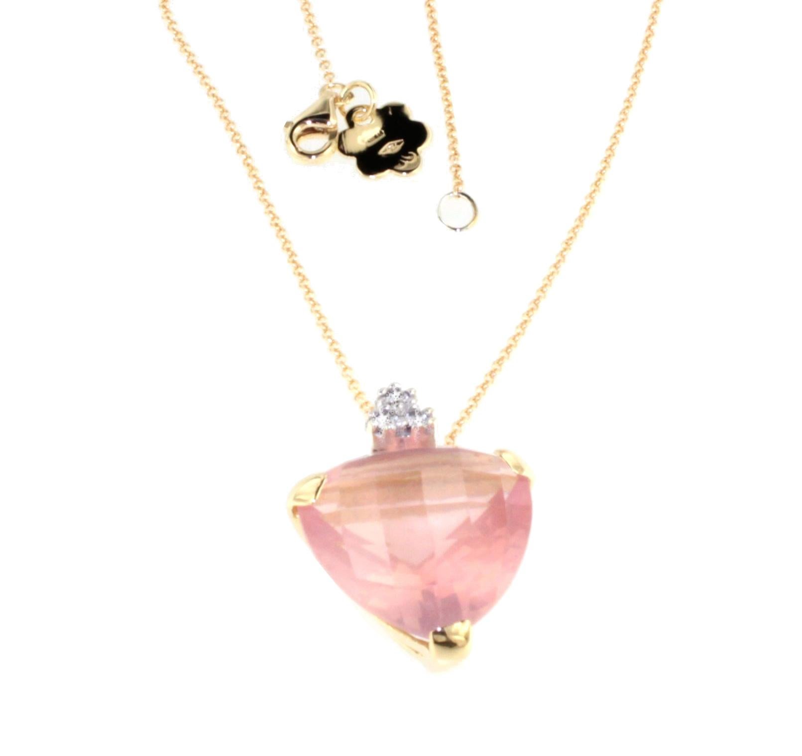 Trillion Cut 18Kt Yellow Gold With Pink Quartz And Diamonds Modern Fashion Amazing Pendant For Sale