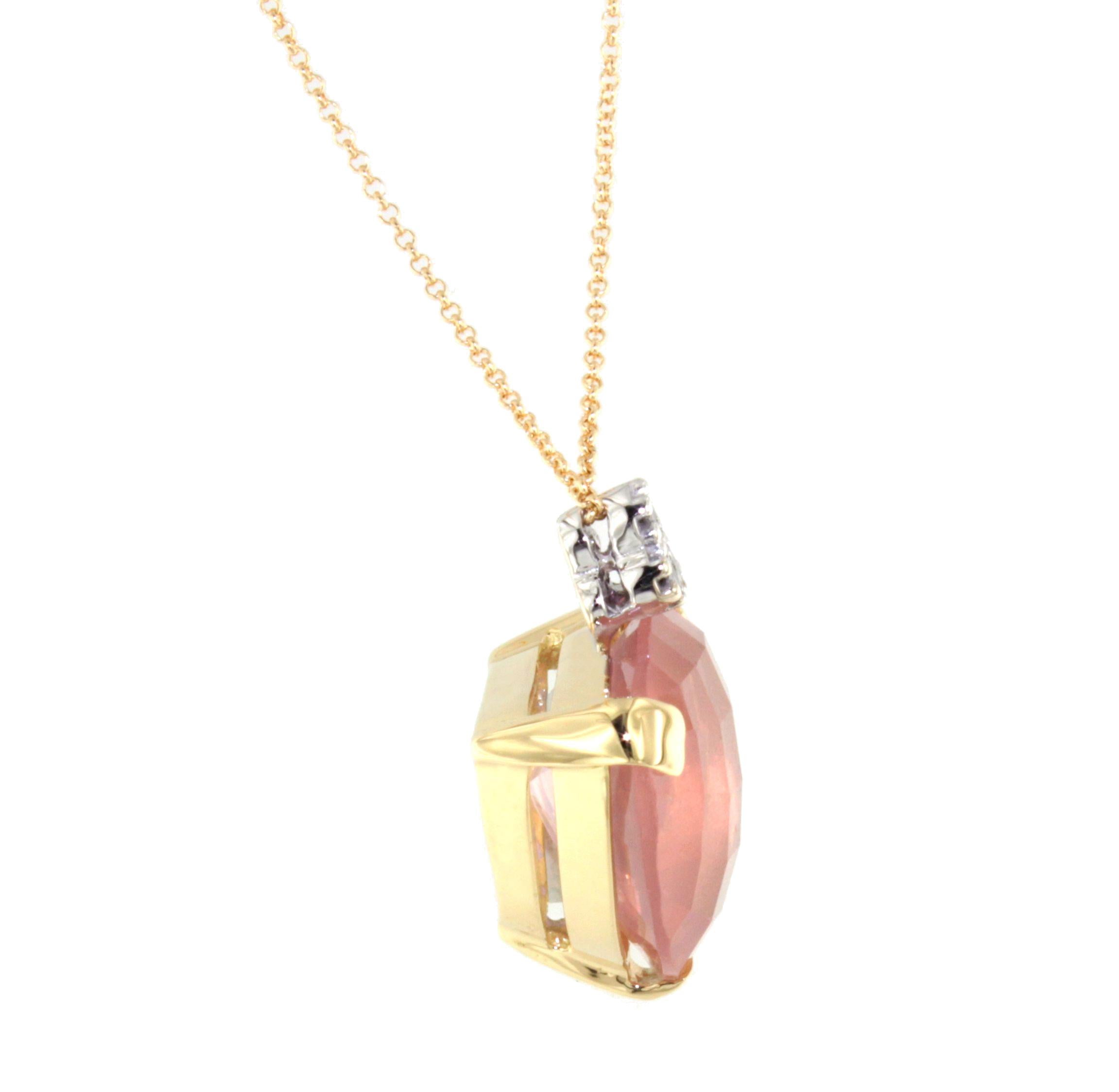 18Kt Yellow Gold With Pink Quartz And Diamonds Modern Fashion Amazing Pendant In New Condition For Sale In GALLARATE, IT