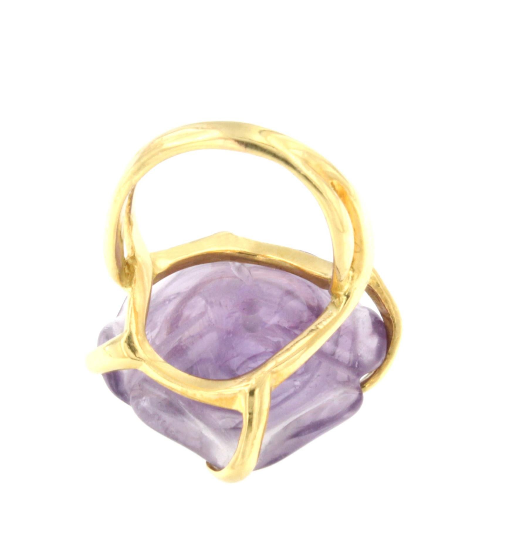 Rose Cut 18Kt Yellow Gold with Purple Flower Amethyst Fashion Ring  For Sale