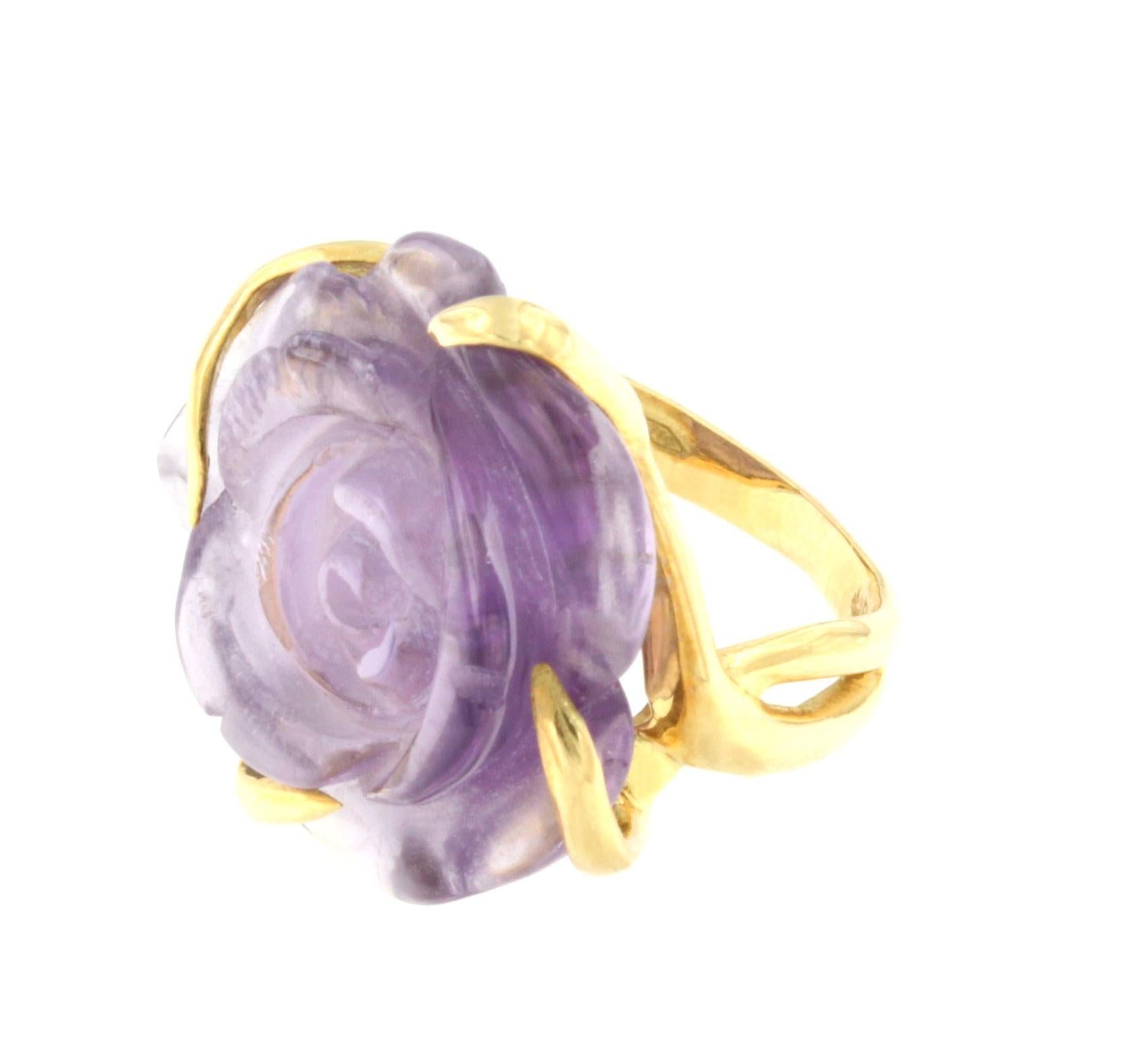 Rose Cut 18Kt Yellow Gold with Purple Flower Amethyst Fashion Ring 