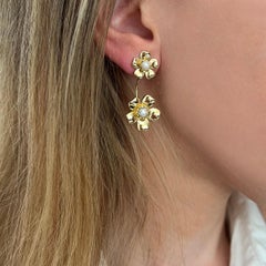Modern Handmade 18Kt Yellow Gold with White Pearls Blooming Flower Earrings