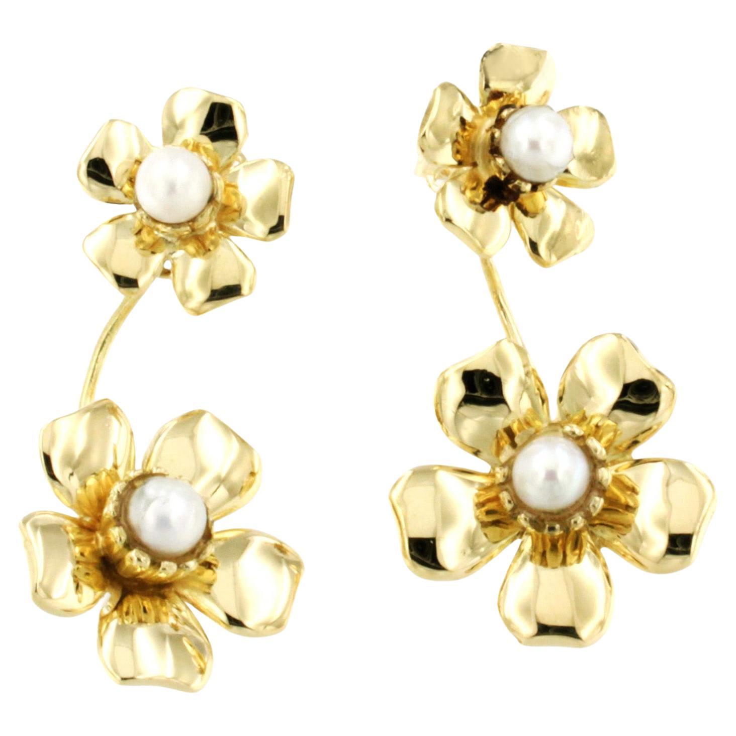 Modern Handmade 18Kt Yellow Gold with White Pearls Blooming Flower Earrings For Sale