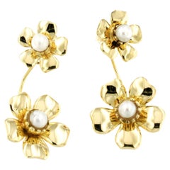 Modern Handmade 18Kt Yellow Gold with White Pearls Blooming Flower Earrings