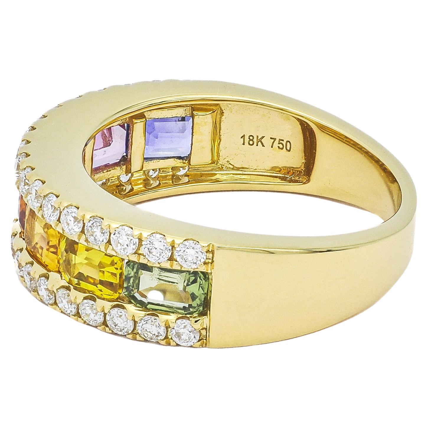 A stunning array of multicolor sapphires is bordered with sparkling diamonds and set on a polished gold ring.


Metal: 18kt Yellow Gold
Weight:4.70 Grams
Gemstone: Multi Colour Sapphires / Natural Conflict Free Diamonds
Shape: Emerald cut Sapphire
