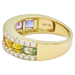 Multi Coloured Precious Sapphire 1.80 CT Natural Diamond 18KT Yellow Gold  Band