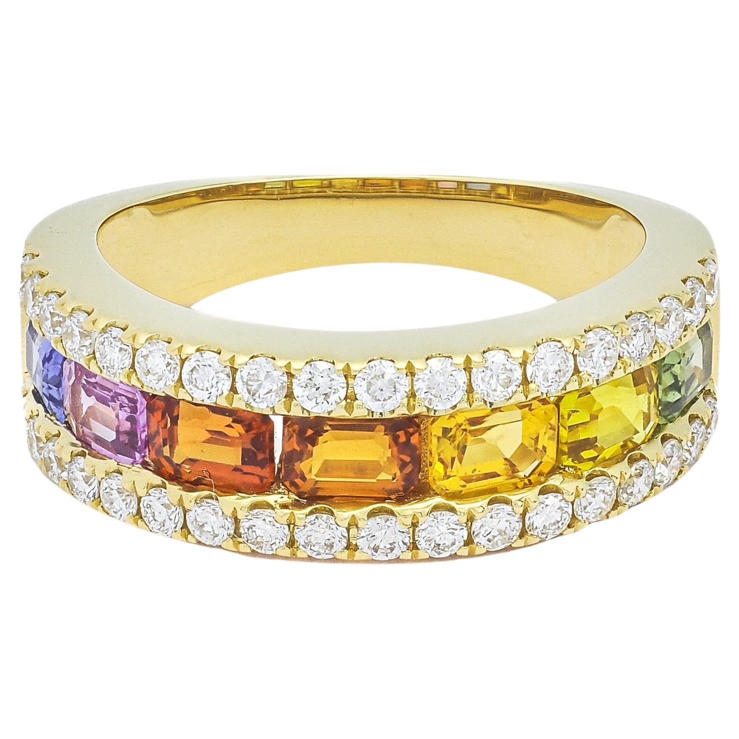 18KT Yellow Multi Coloured Sapphire Diamond Band R21442 For Sale