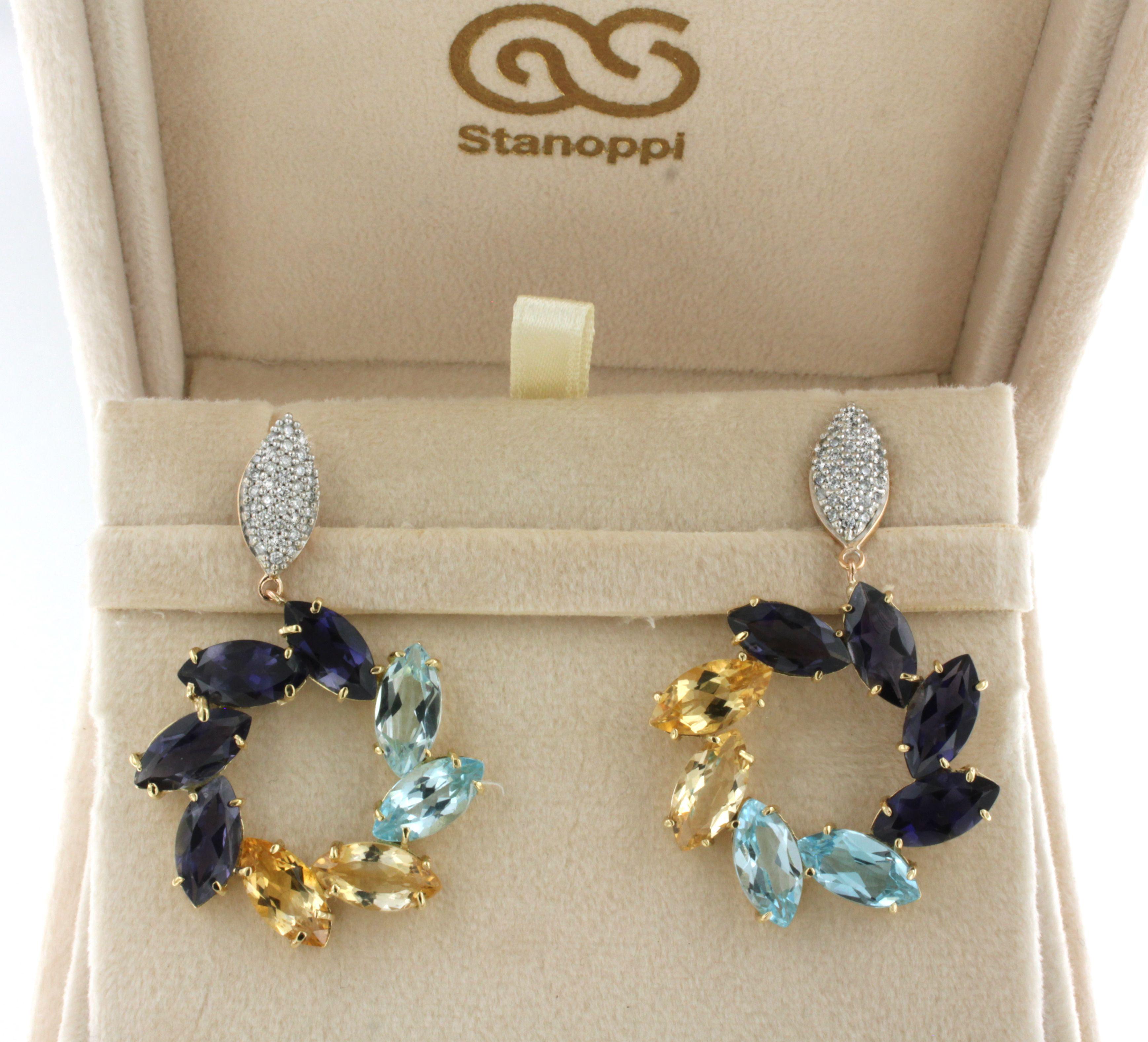 Modern 18Kt Yellow Rose White Gold Natural Stones White Diamonds Fashion Earrings For Sale