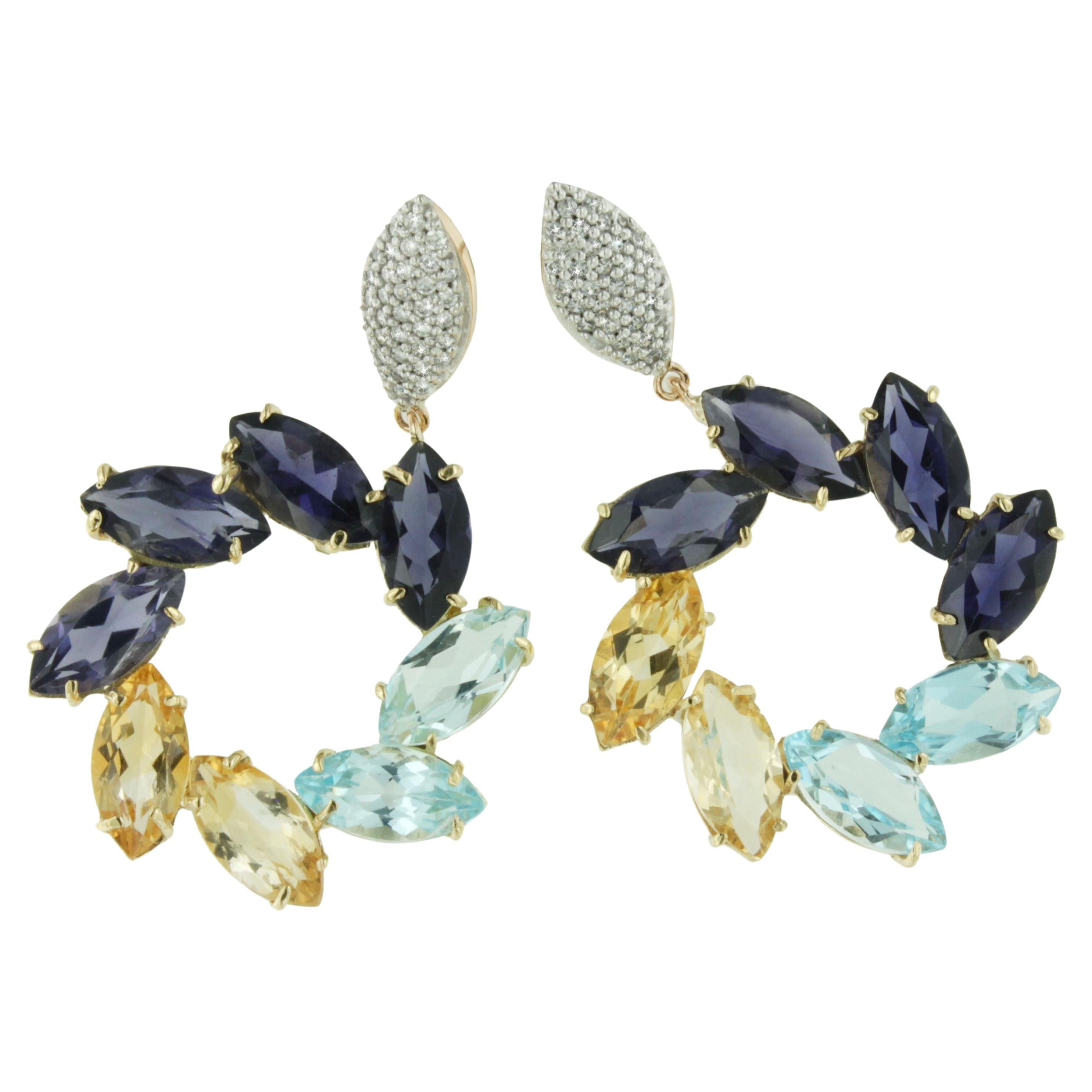18Kt Yellow Rose White Gold Natural Stones White Diamonds Fashion Earrings