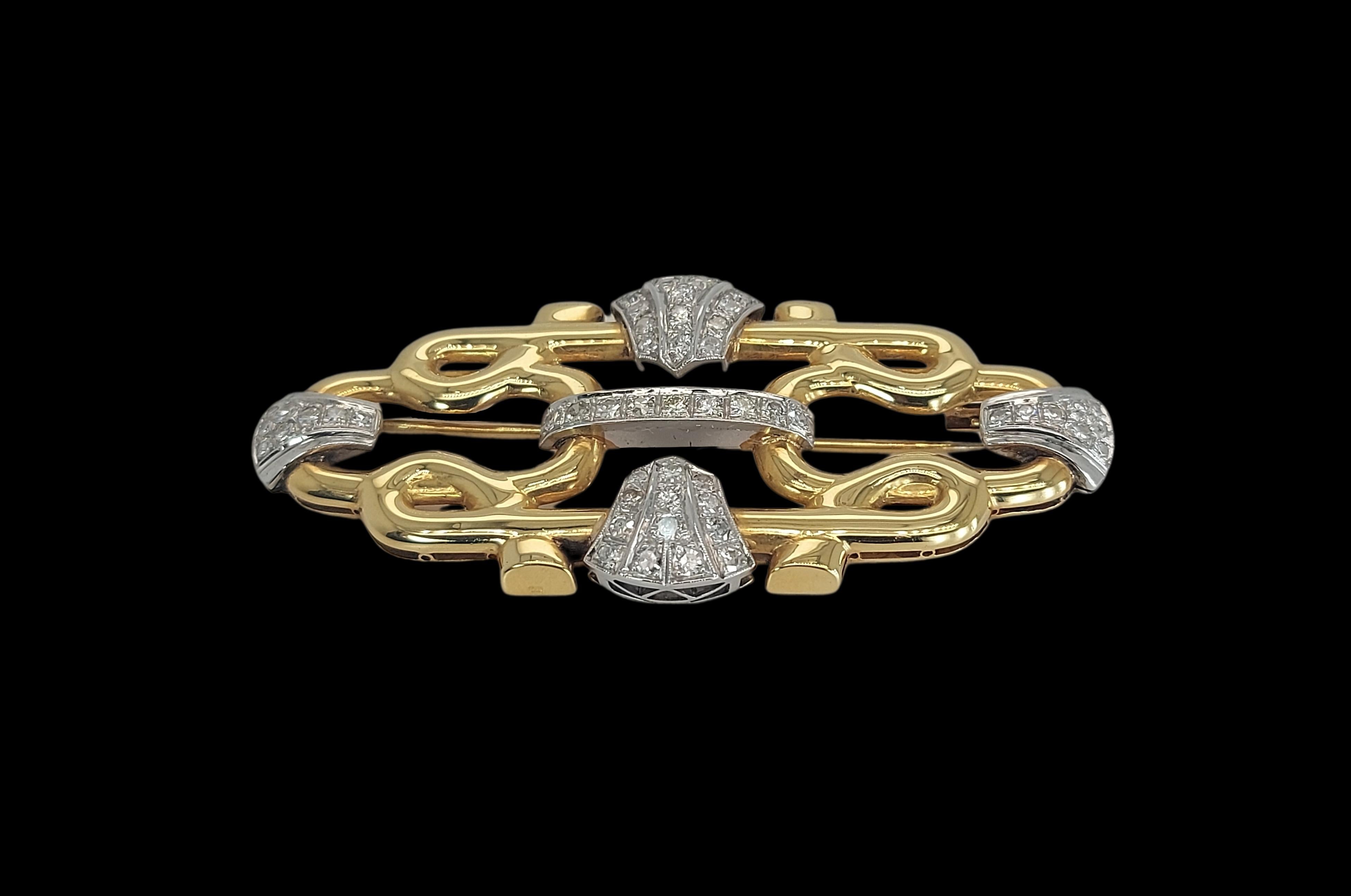 18kt Yellow & White Gold Brooch with 1.2ct Diamonds For Sale 4