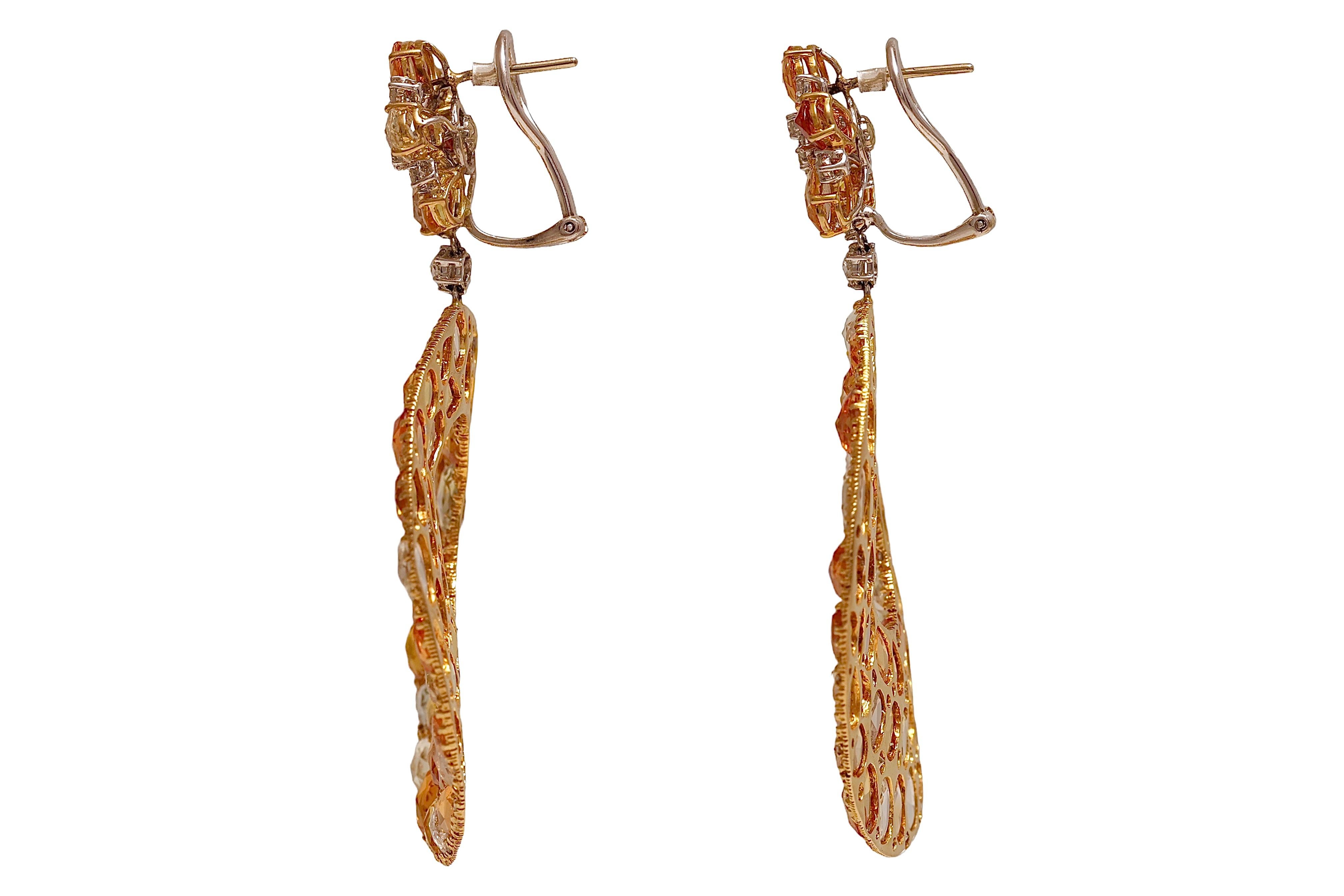 18kt. Yellow & White Gold Dangling Earrings With Colourful Sapphires & Diamond For Sale 1